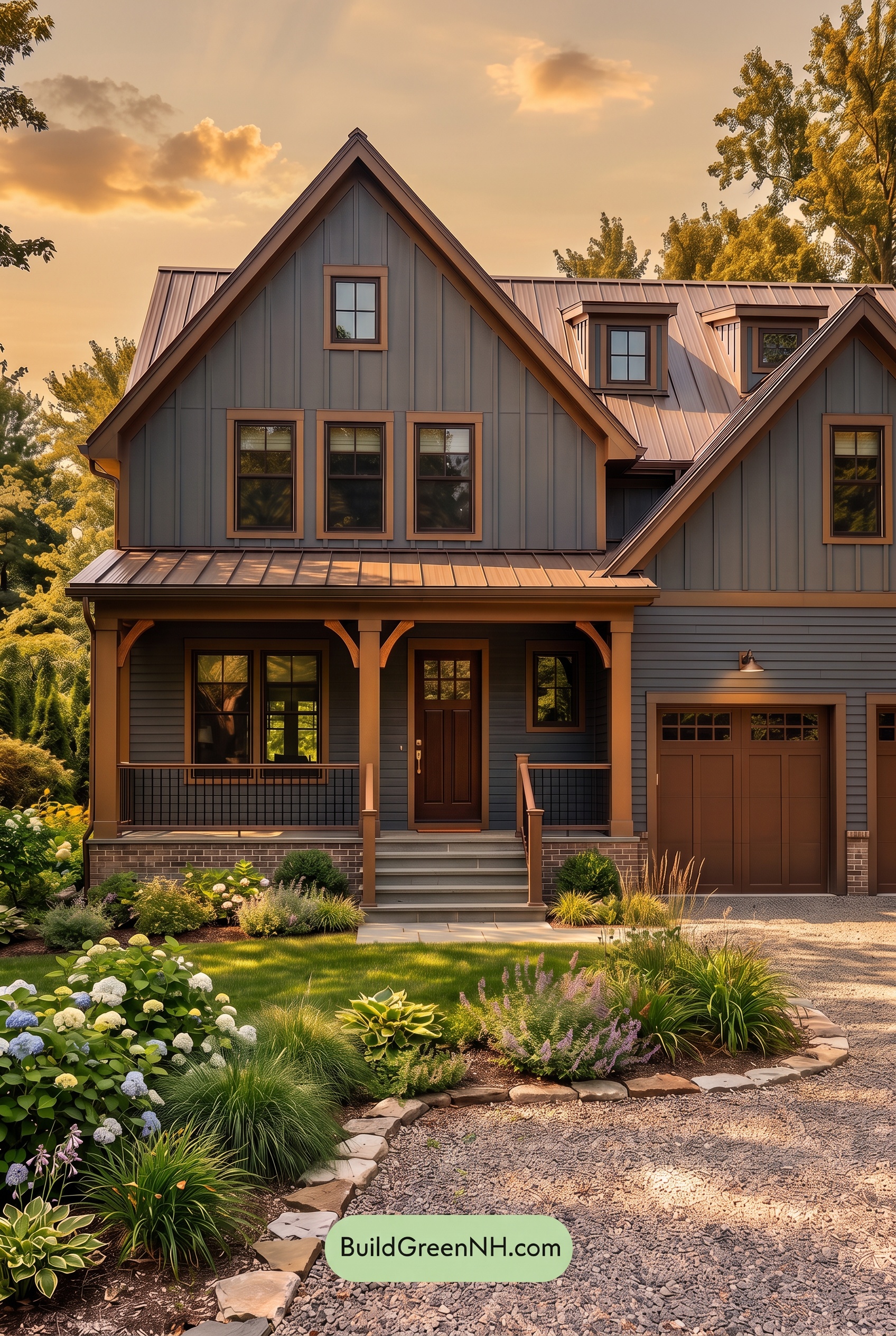 Dark Navy Blue House Exterior Color Scheme: Cocoa Gable Quiet - Golden Hour