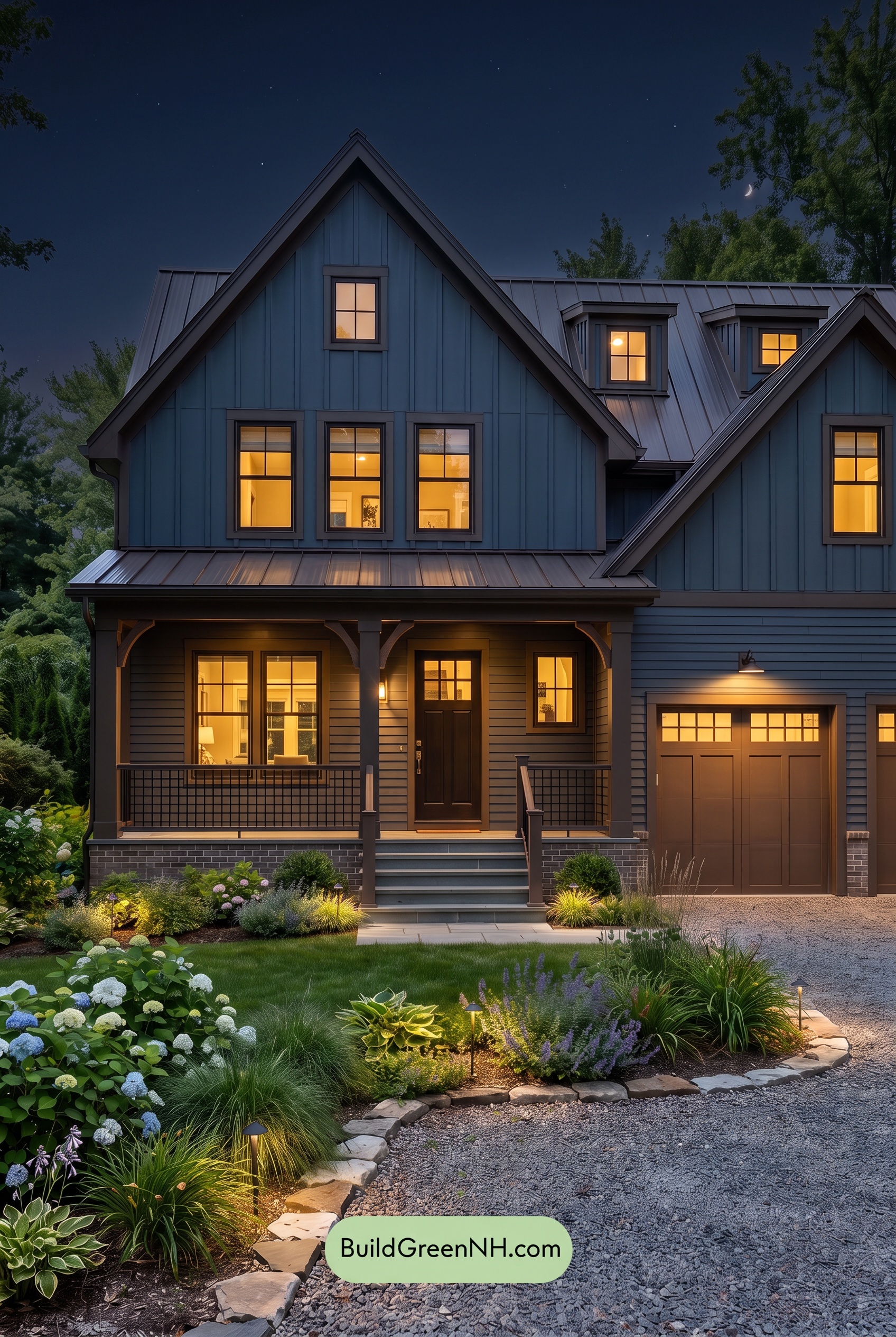 Dark Navy Blue House Exterior Color Scheme: Cocoa Gable Quiet - Nighttime