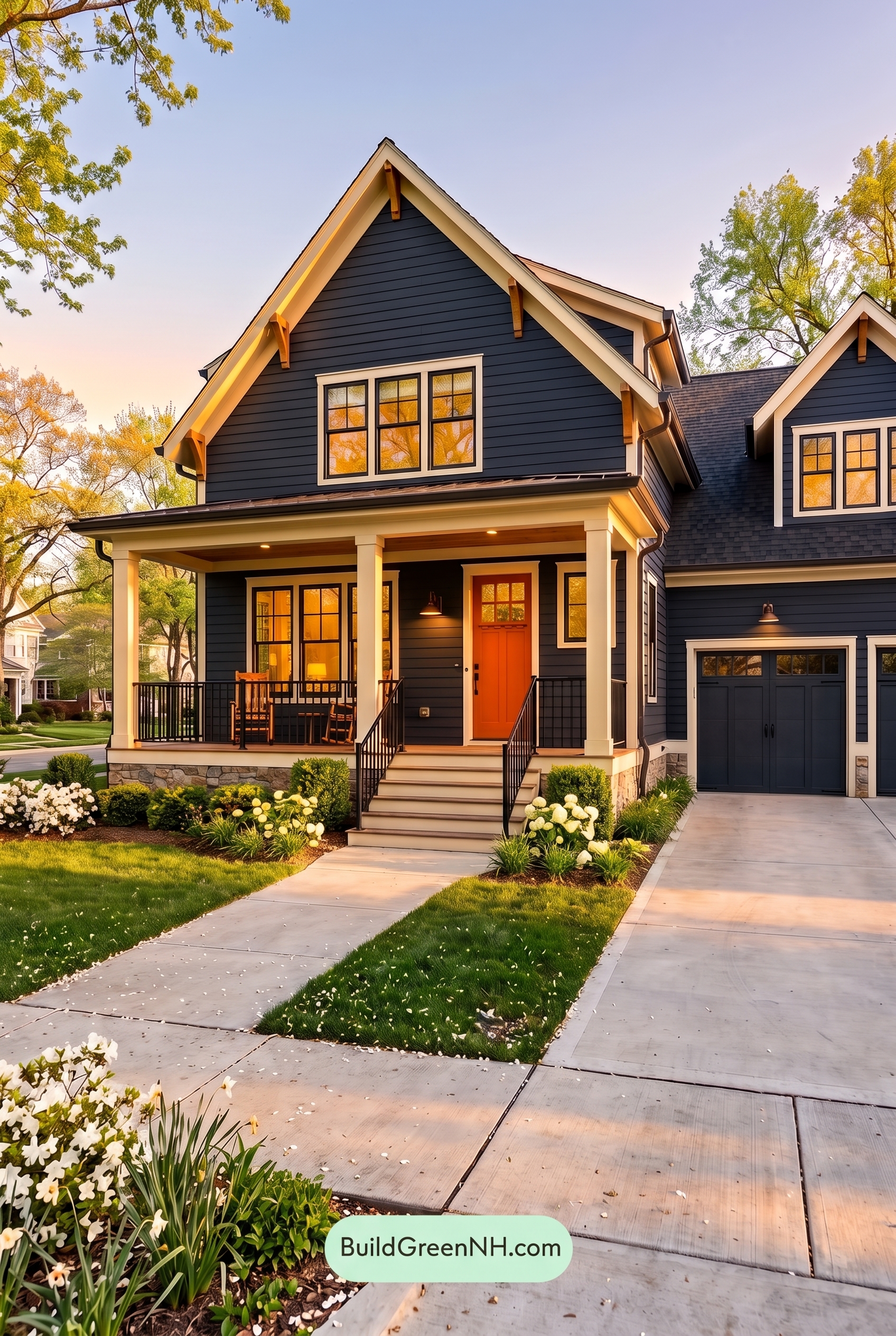 Dark Navy Blue House Exterior Color Scheme: Embercrest Welcome - Golden Hour