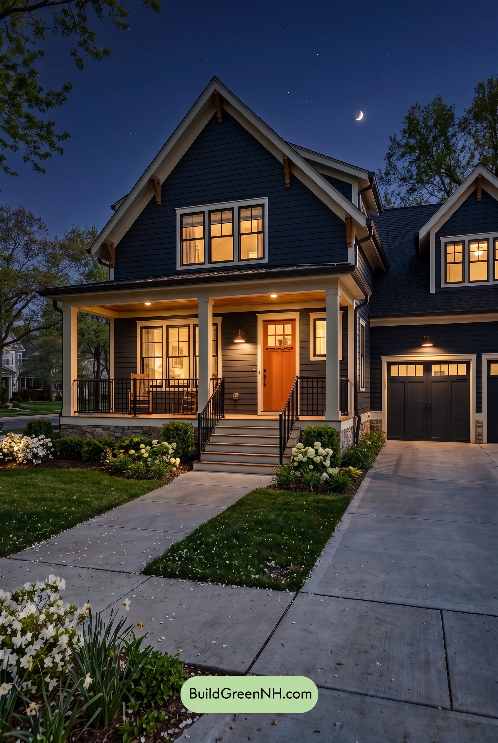 Dark Navy Blue House Exterior Color Scheme: Embercrest Welcome - Nighttime