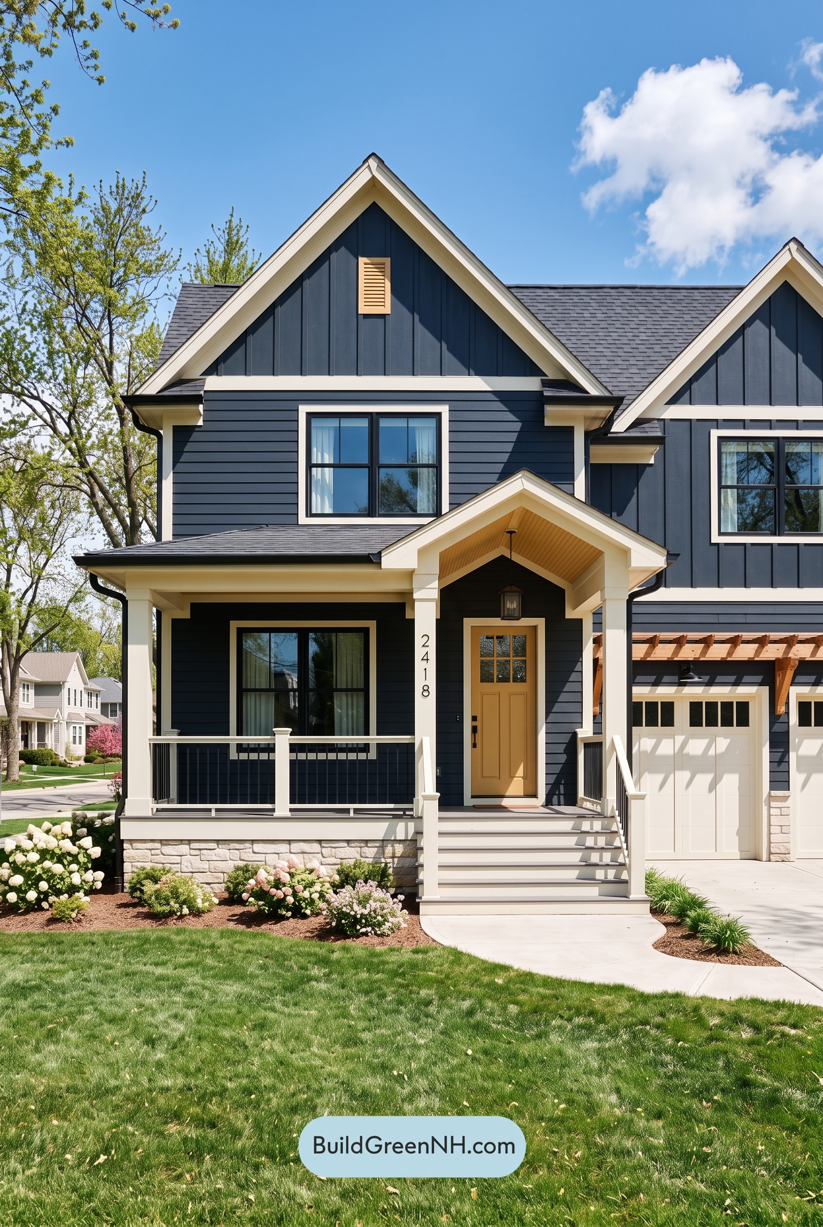 Dark Navy Blue House Exterior Color Scheme: Golden Threshold