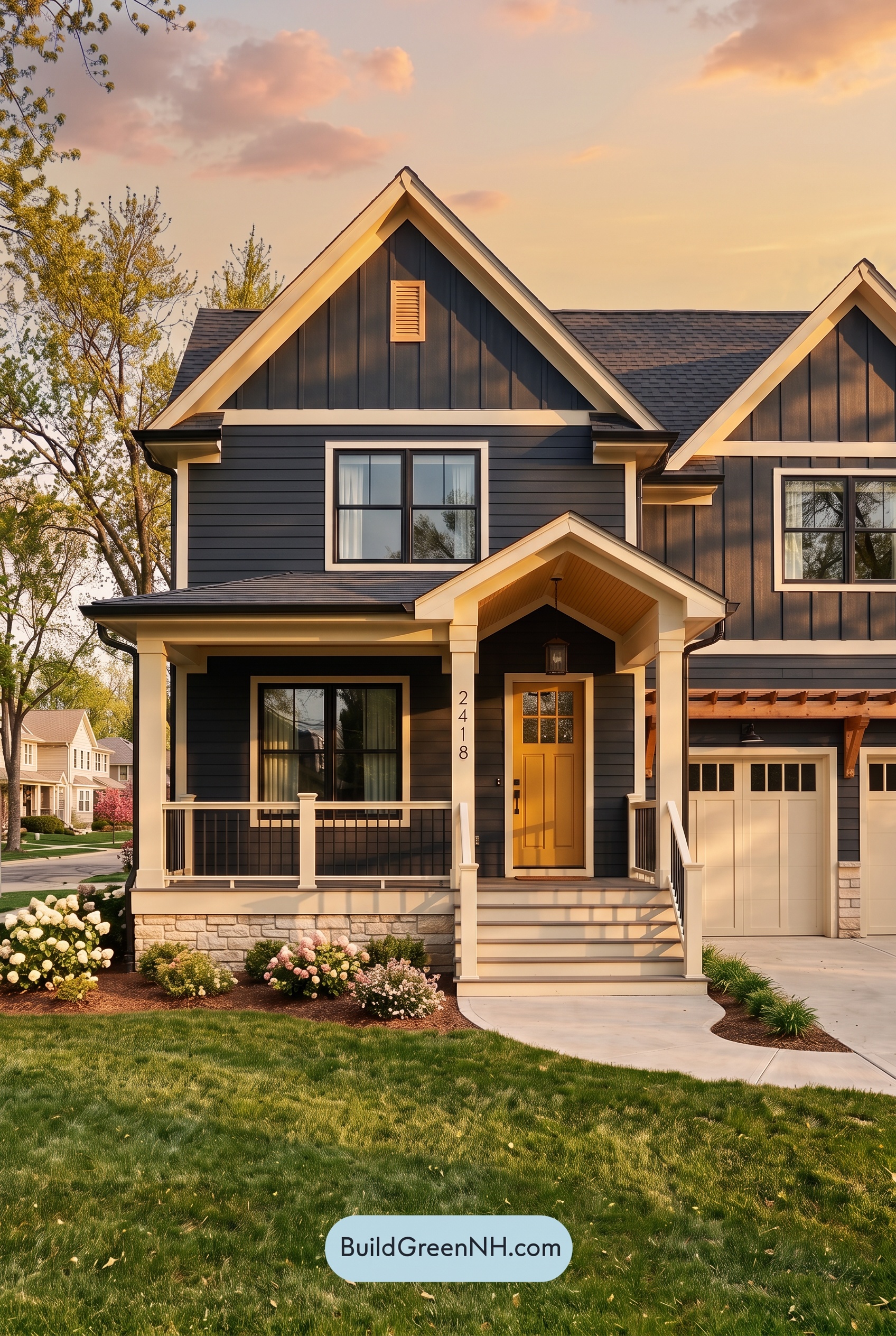 Dark Navy Blue House Exterior Color Scheme: Golden Threshold - Golden Hour