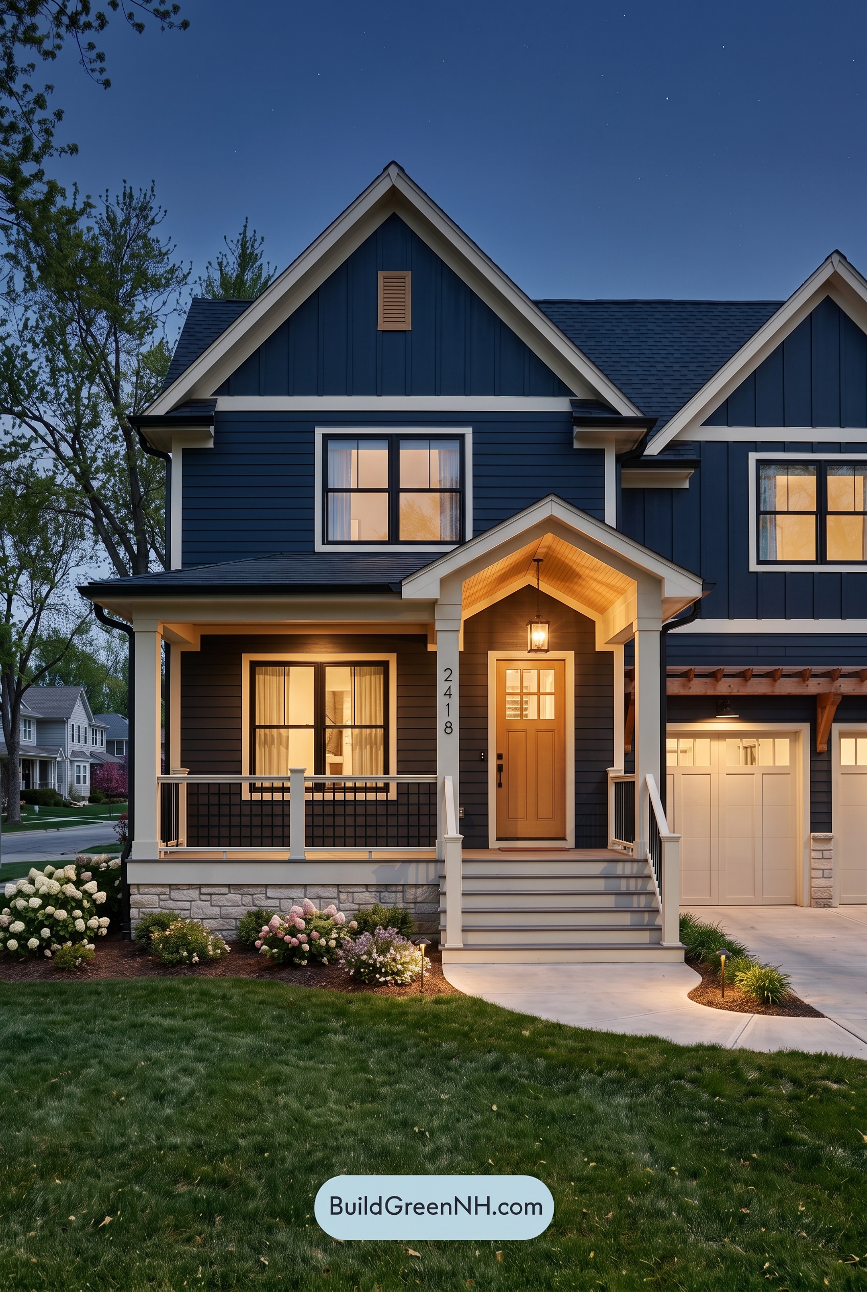 Dark Navy Blue House Exterior Color Scheme: Golden Threshold - Nighttime