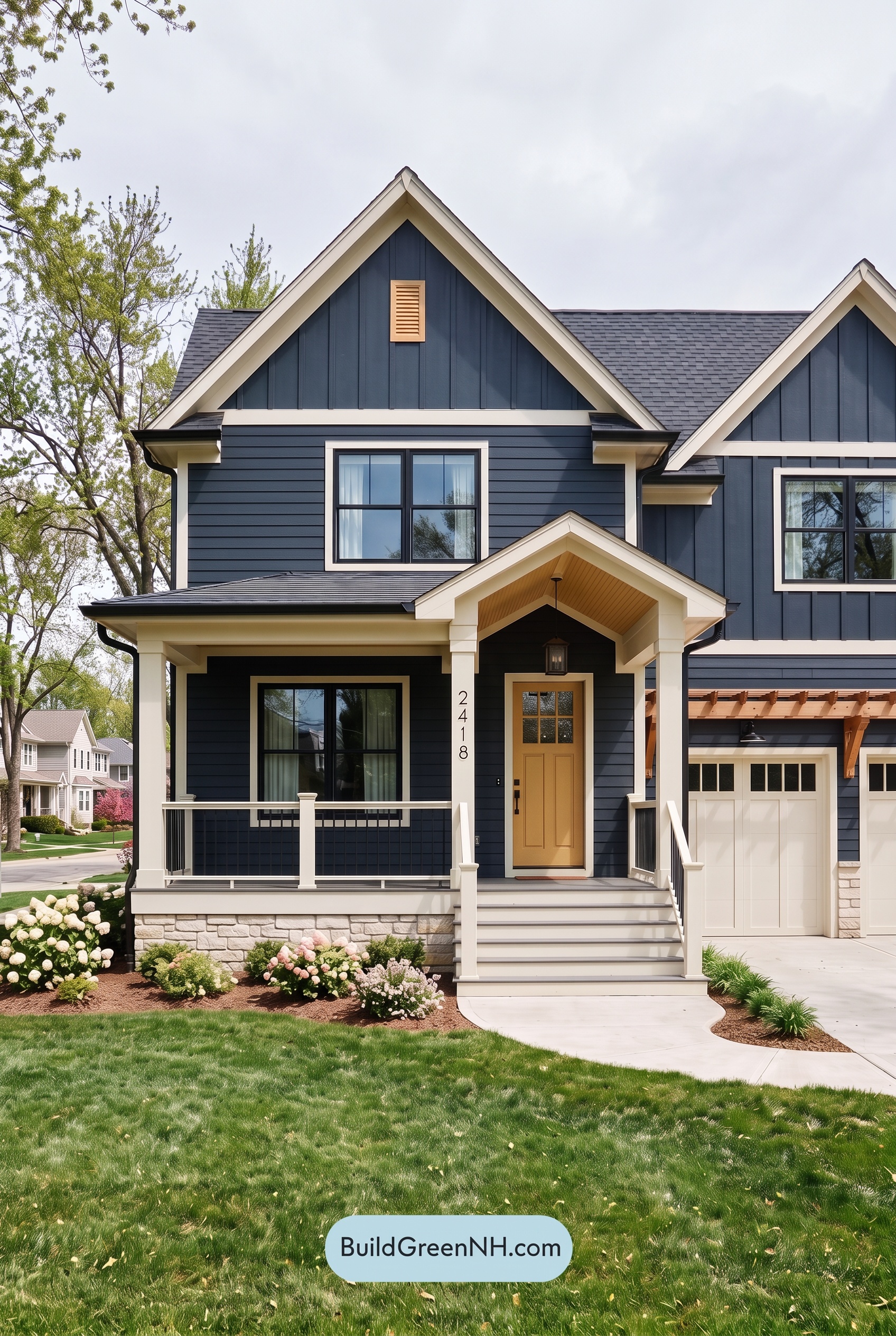 Dark Navy Blue House Exterior Color Scheme: Golden Threshold - Overcast