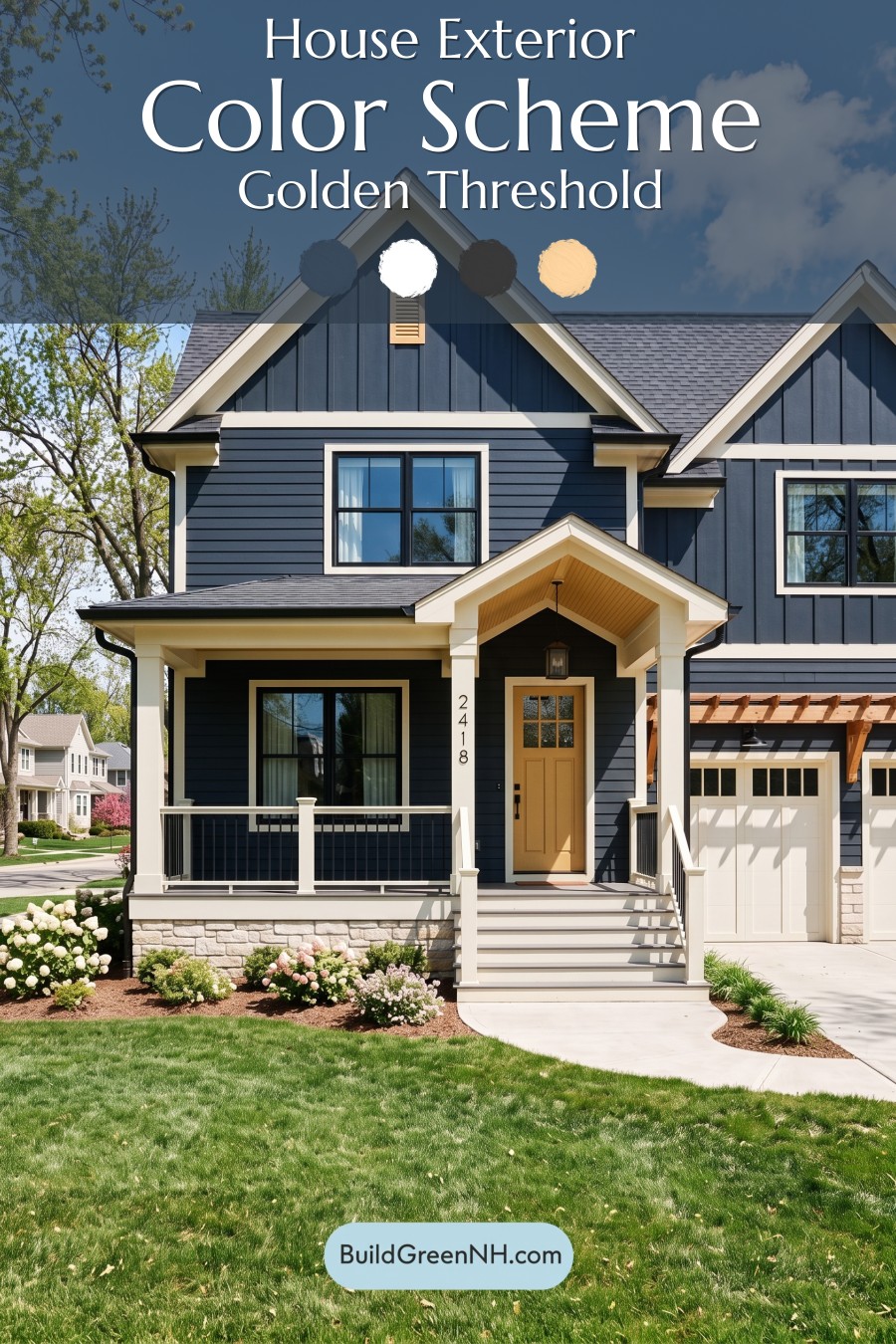 Dark Navy Blue House Exterior Color Scheme: Golden Threshold
