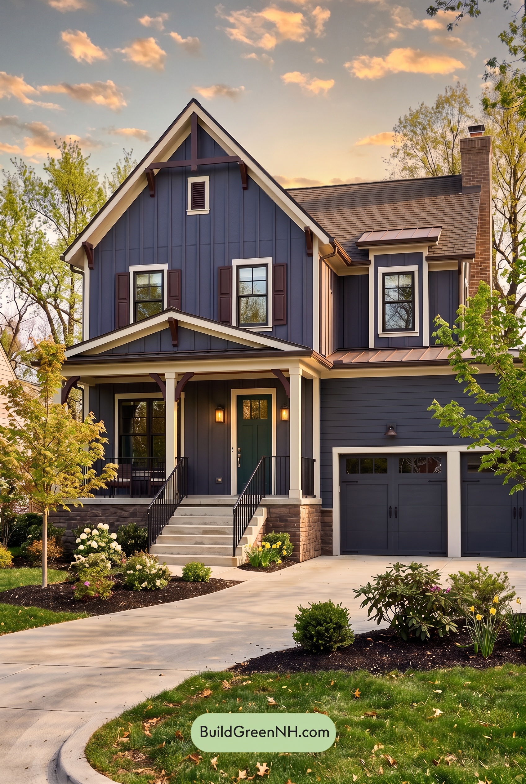 Dark Navy Blue House Exterior Color Scheme: Indigo Hearth - Golden Hour
