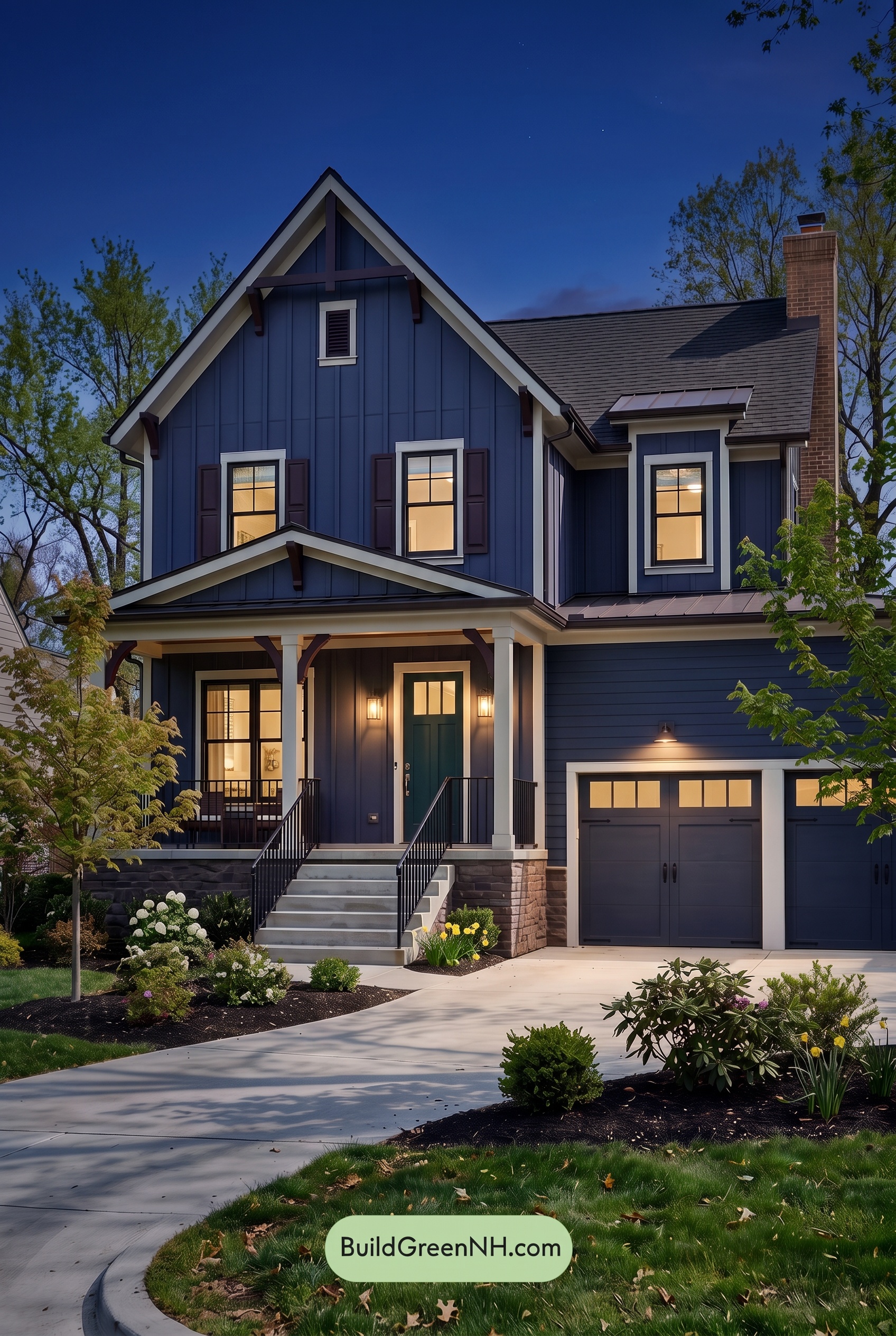 Dark Navy Blue House Exterior Color Scheme: Indigo Hearth - Nighttime