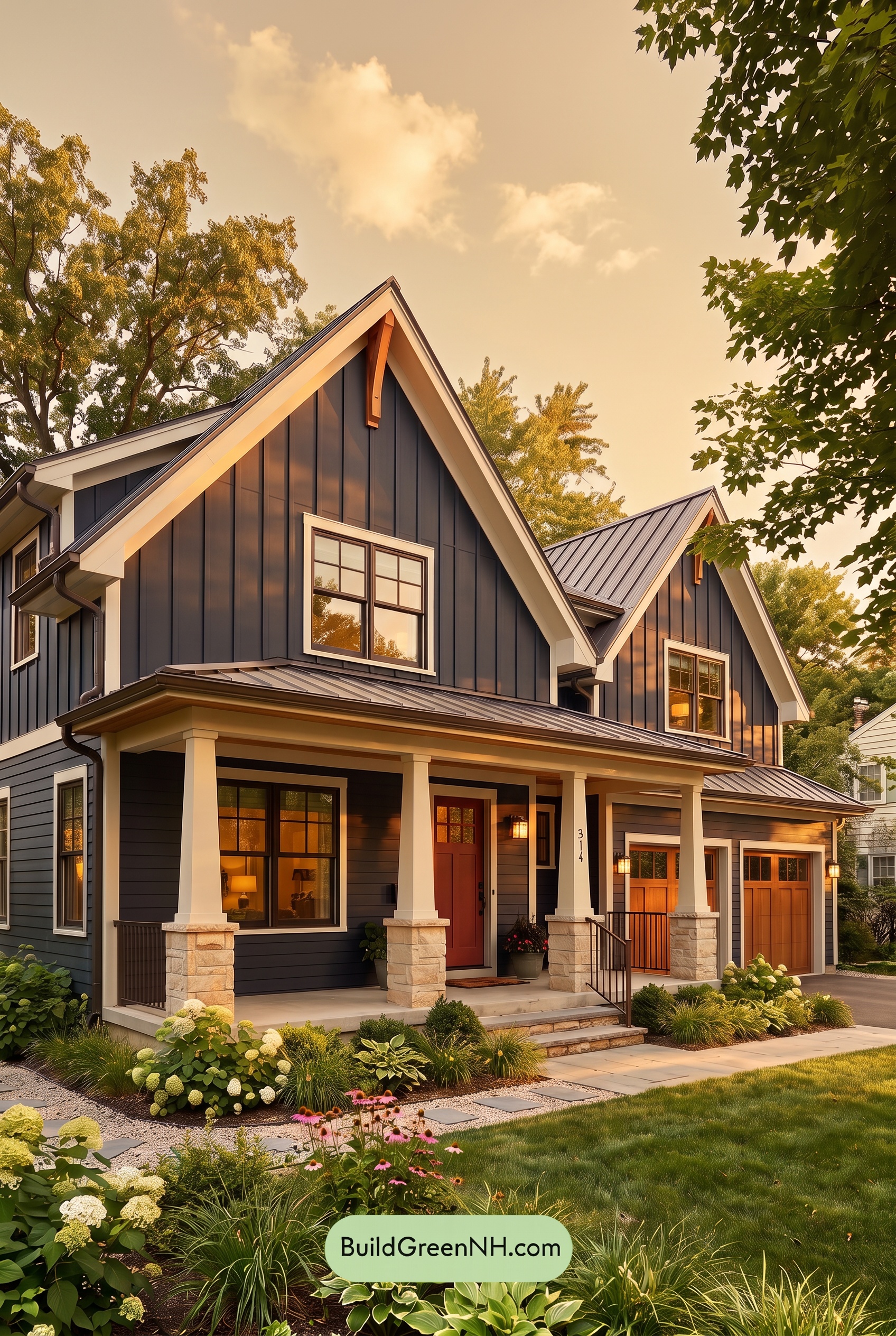 Dark Navy Blue House Exterior Color Scheme: Inkwell Navy Sagewood - Golden Hour