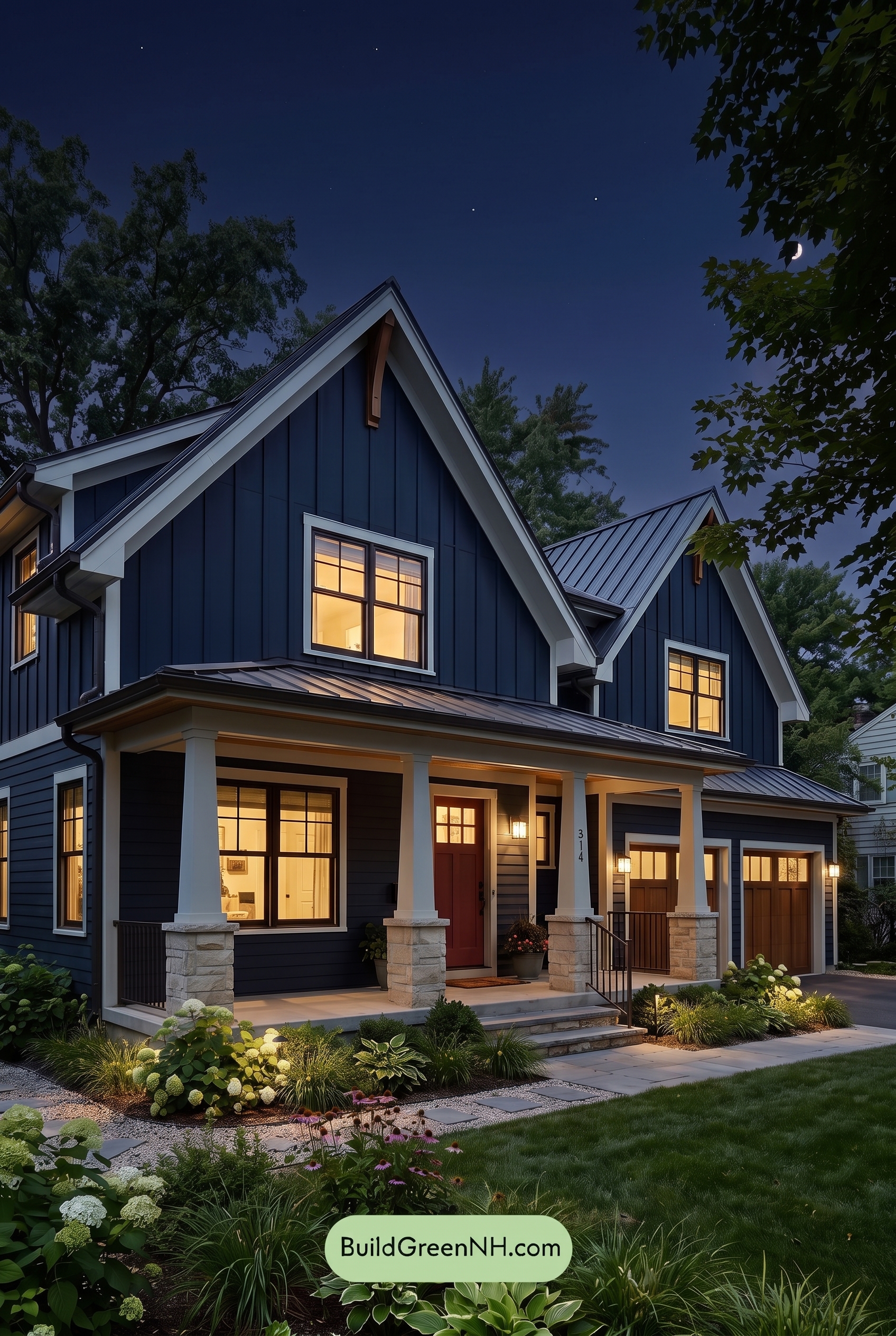 Dark Navy Blue House Exterior Color Scheme: Inkwell Navy Sagewood - Nighttime