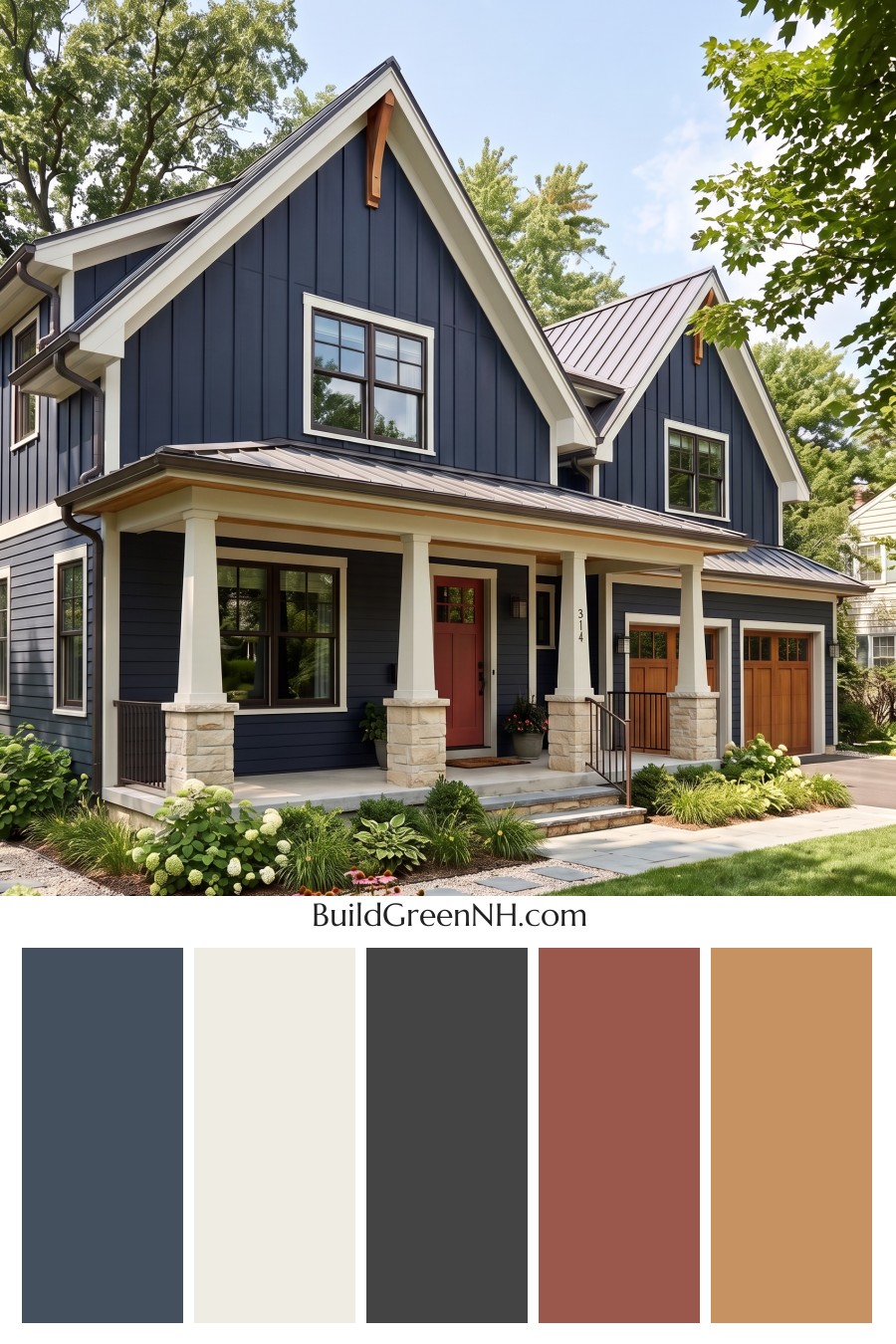 Dark Navy Blue House Exterior Color Scheme: Inkwell Navy Sagewood