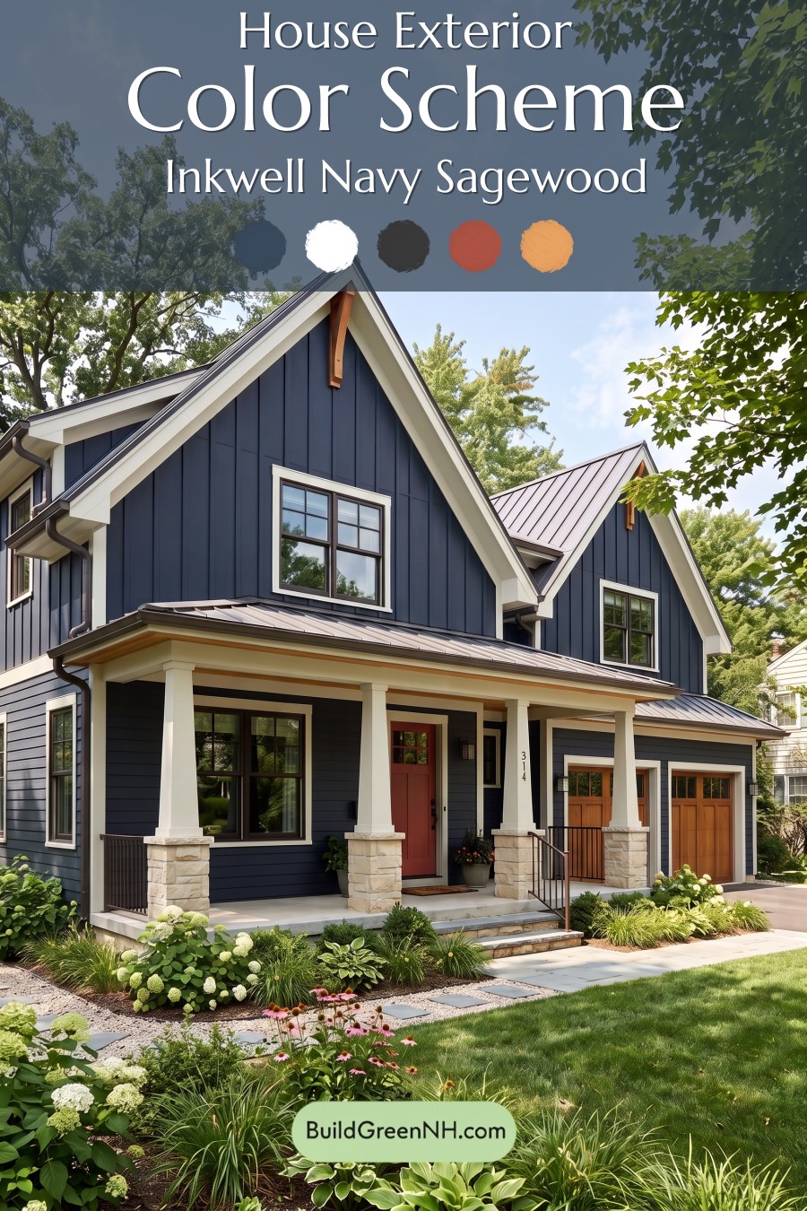 Dark Navy Blue House Exterior Color Scheme: Inkwell Navy Sagewood