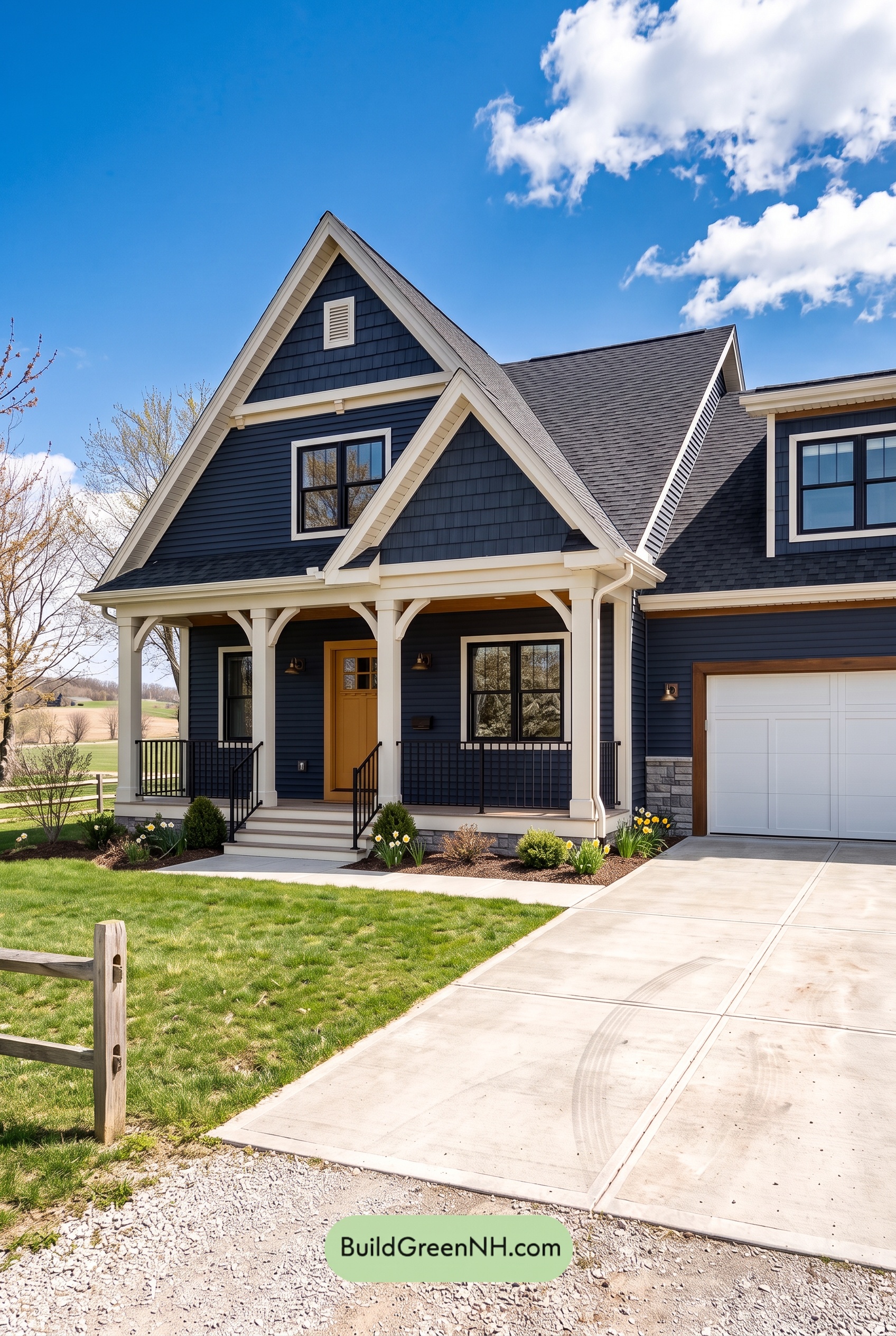 Dark Navy Blue House Exterior Color Scheme: Marigold Doorway