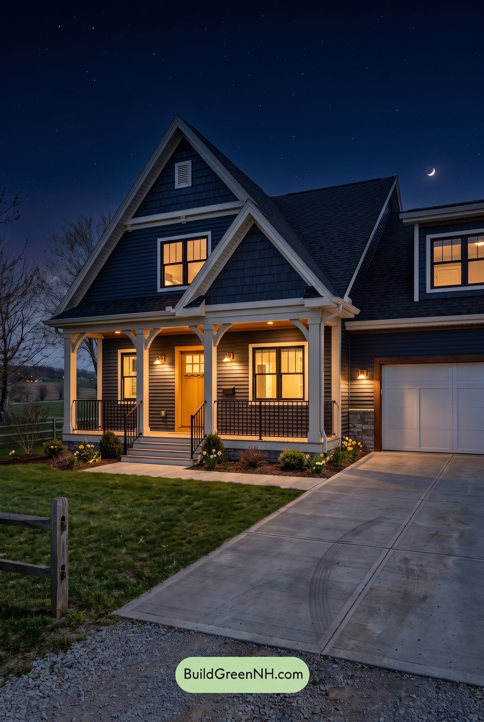 Dark Navy Blue House Exterior Color Scheme: Marigold Doorway - Nighttime