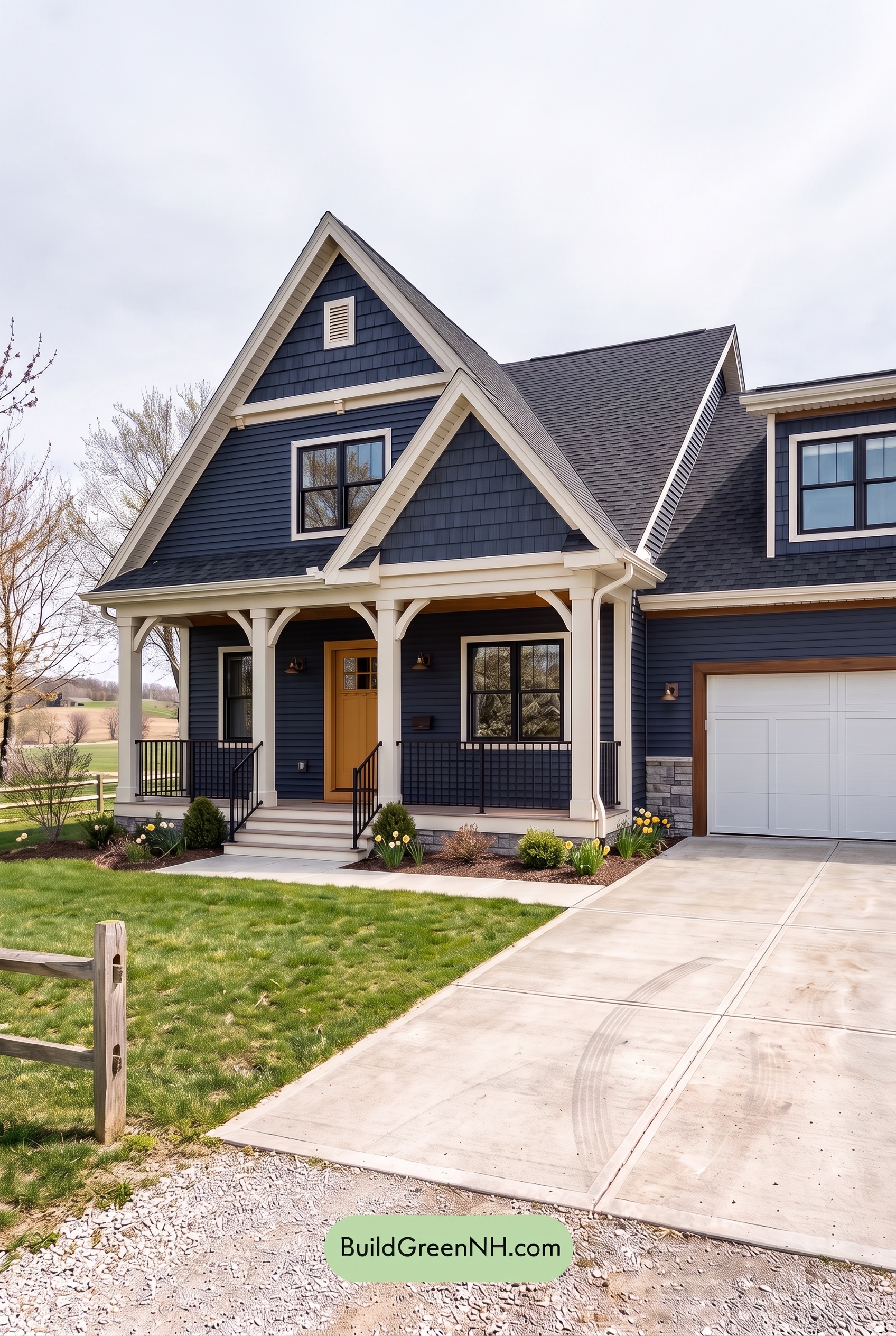 Dark Navy Blue House Exterior Color Scheme: Marigold Doorway - Overcast