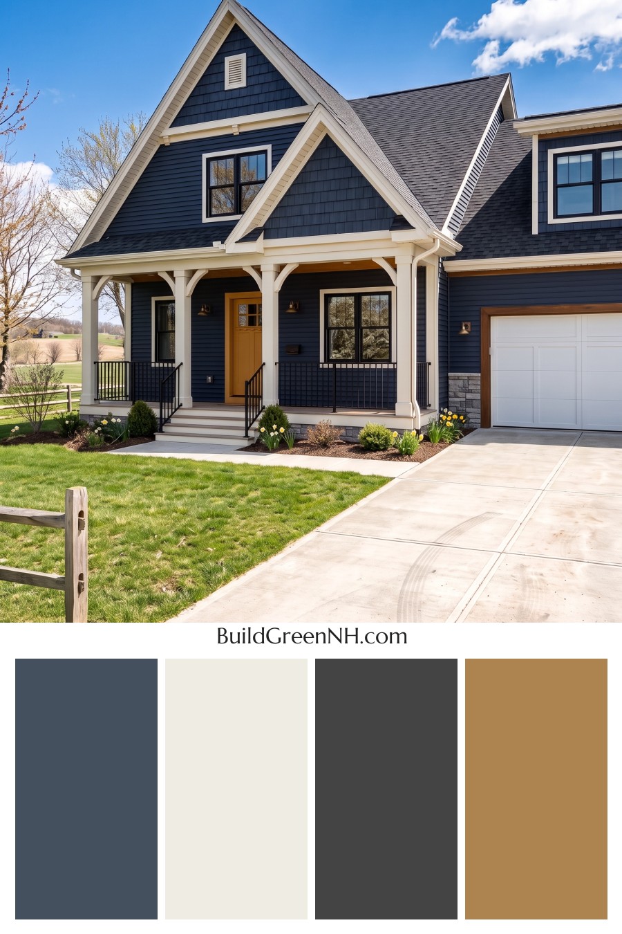 Dark Navy Blue House Exterior Color Scheme: Marigold Doorway