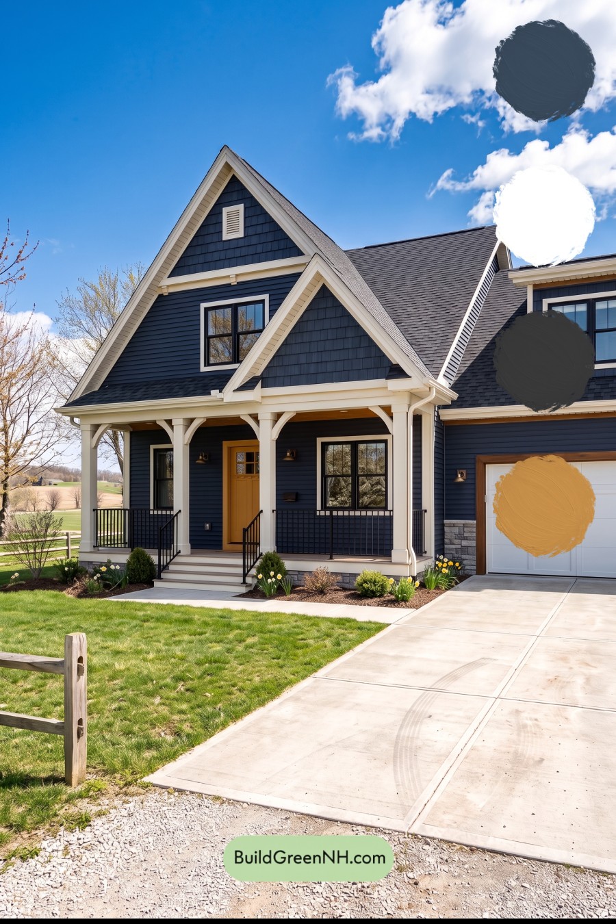 Dark Navy Blue House Exterior Color Scheme: Marigold Doorway