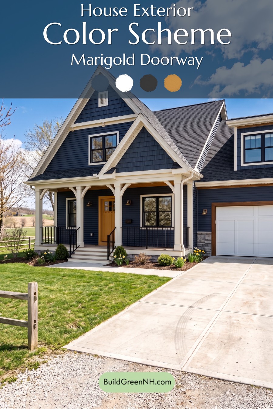 Dark Navy Blue House Exterior Color Scheme: Marigold Doorway