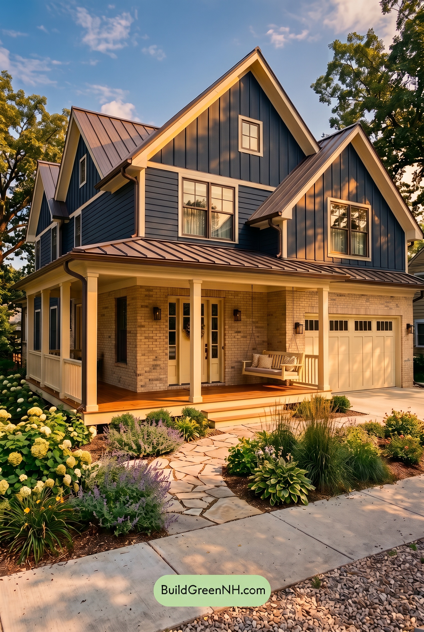 Dark Navy Blue House Exterior Color Scheme: Meadowlight Welcome - Golden Hour