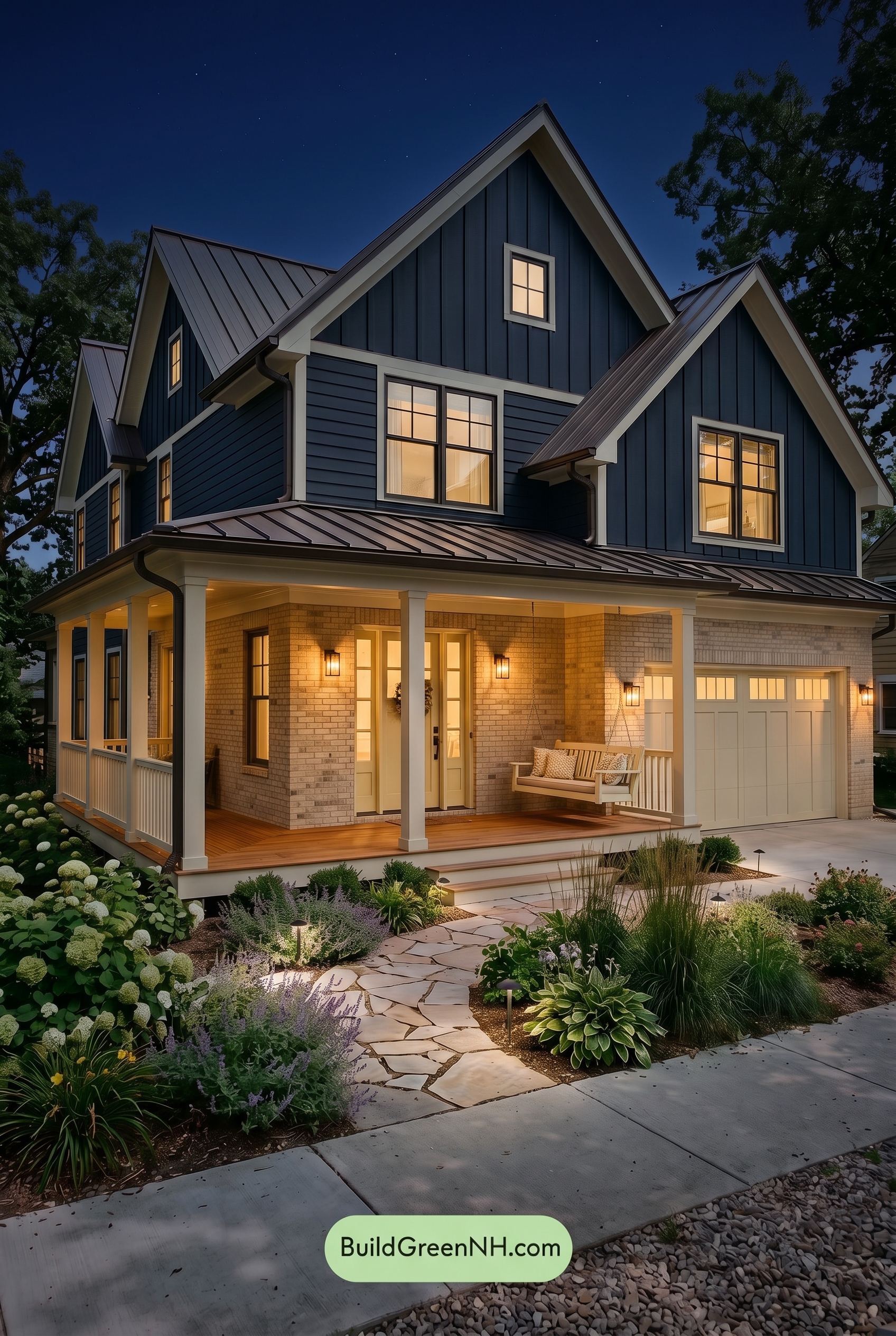 Dark Navy Blue House Exterior Color Scheme: Meadowlight Welcome - Nighttime