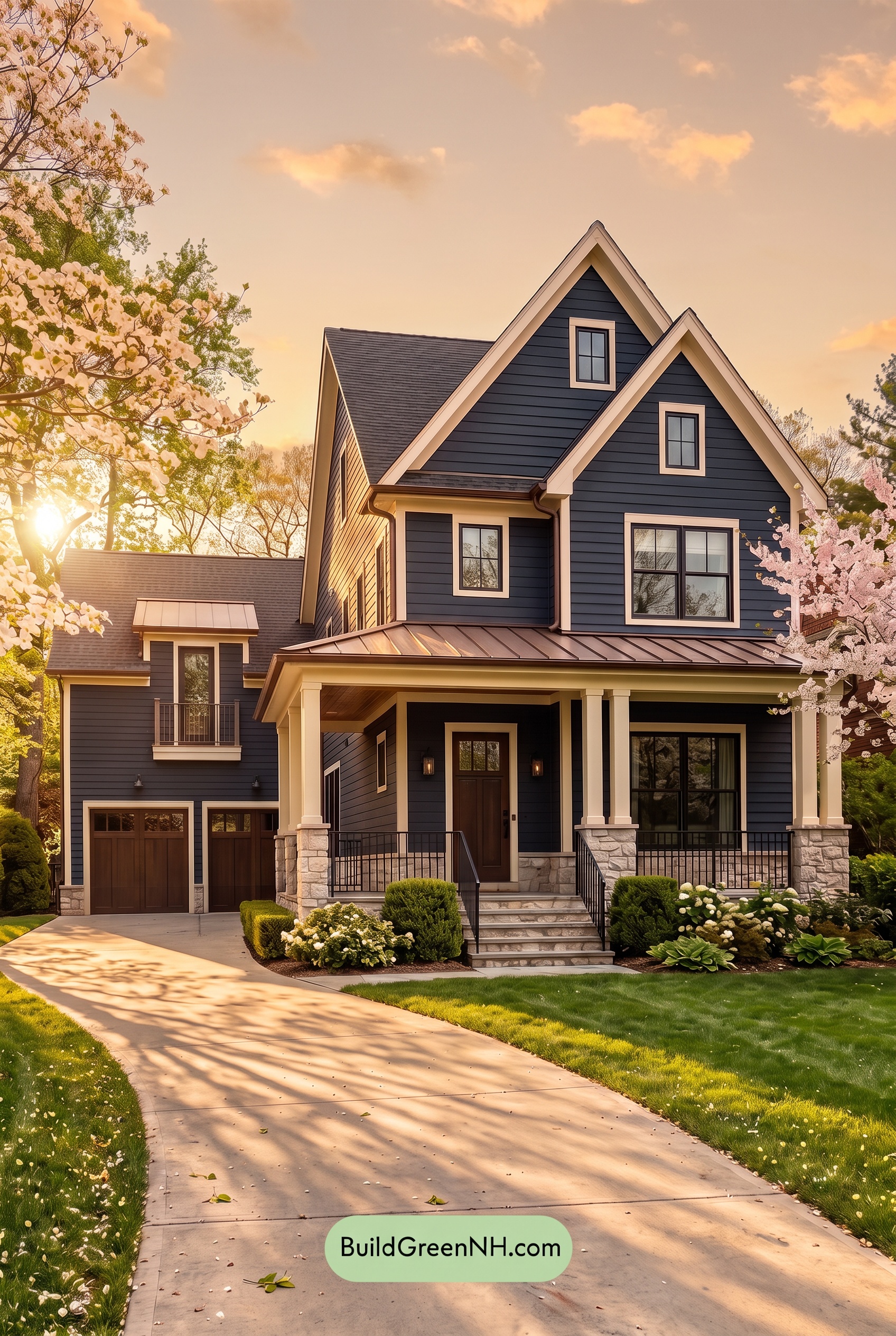 Dark Navy Blue House Exterior Color Scheme: Midnight Navy Copperline - Golden Hour