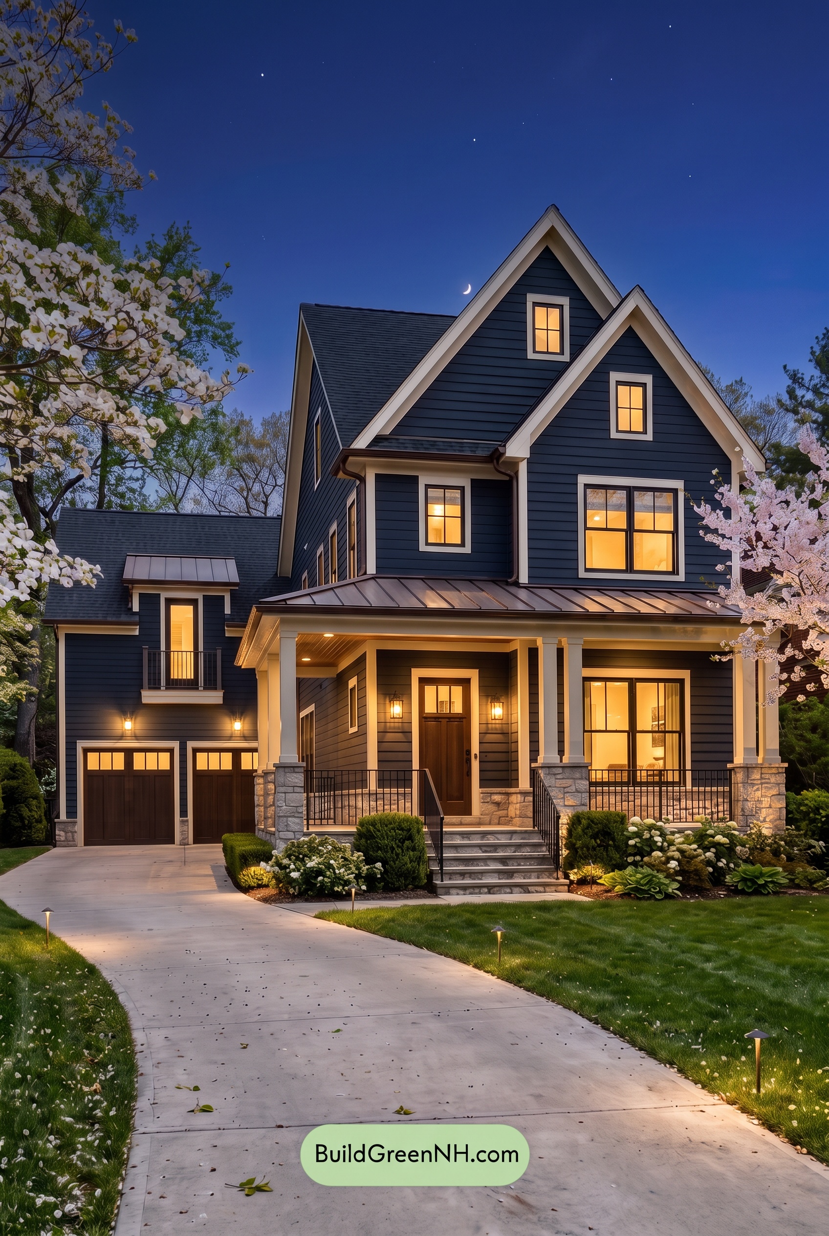 Dark Navy Blue House Exterior Color Scheme: Midnight Navy Copperline - Nighttime
