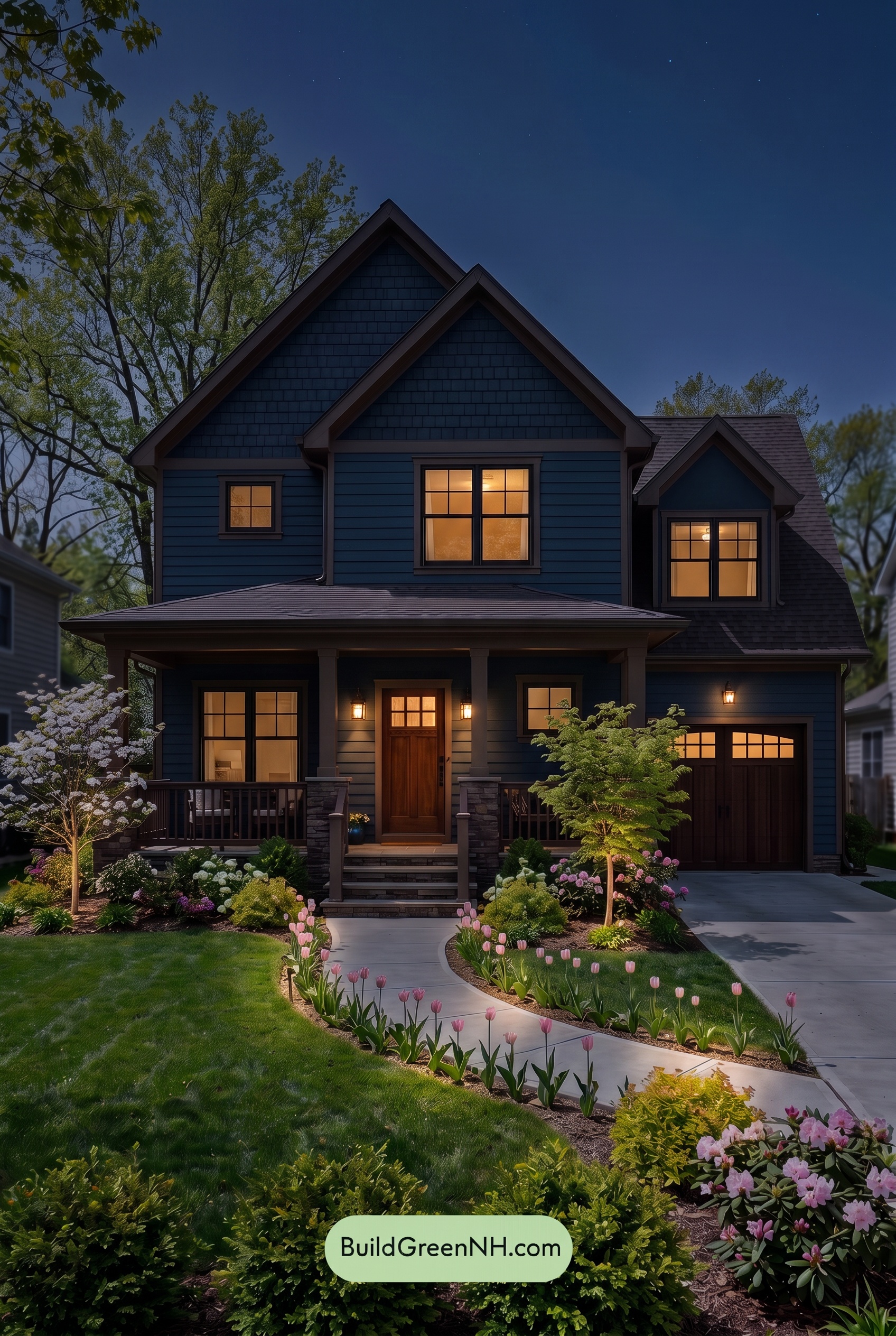Dark Navy Blue House Exterior Color Scheme: Sable Blue Reverie - Nighttime