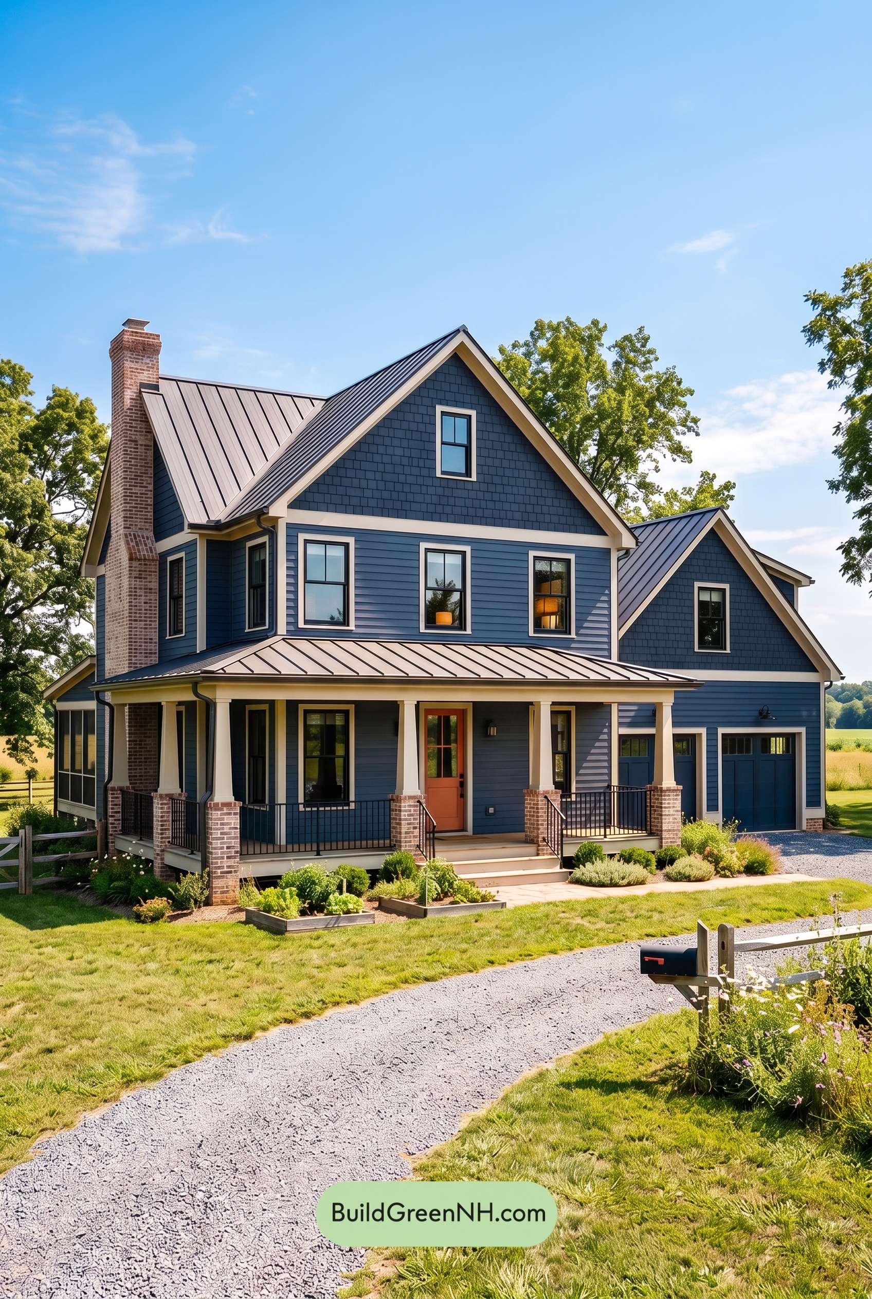 Dark Navy Blue House Exterior Color Scheme: Saffron Roofline