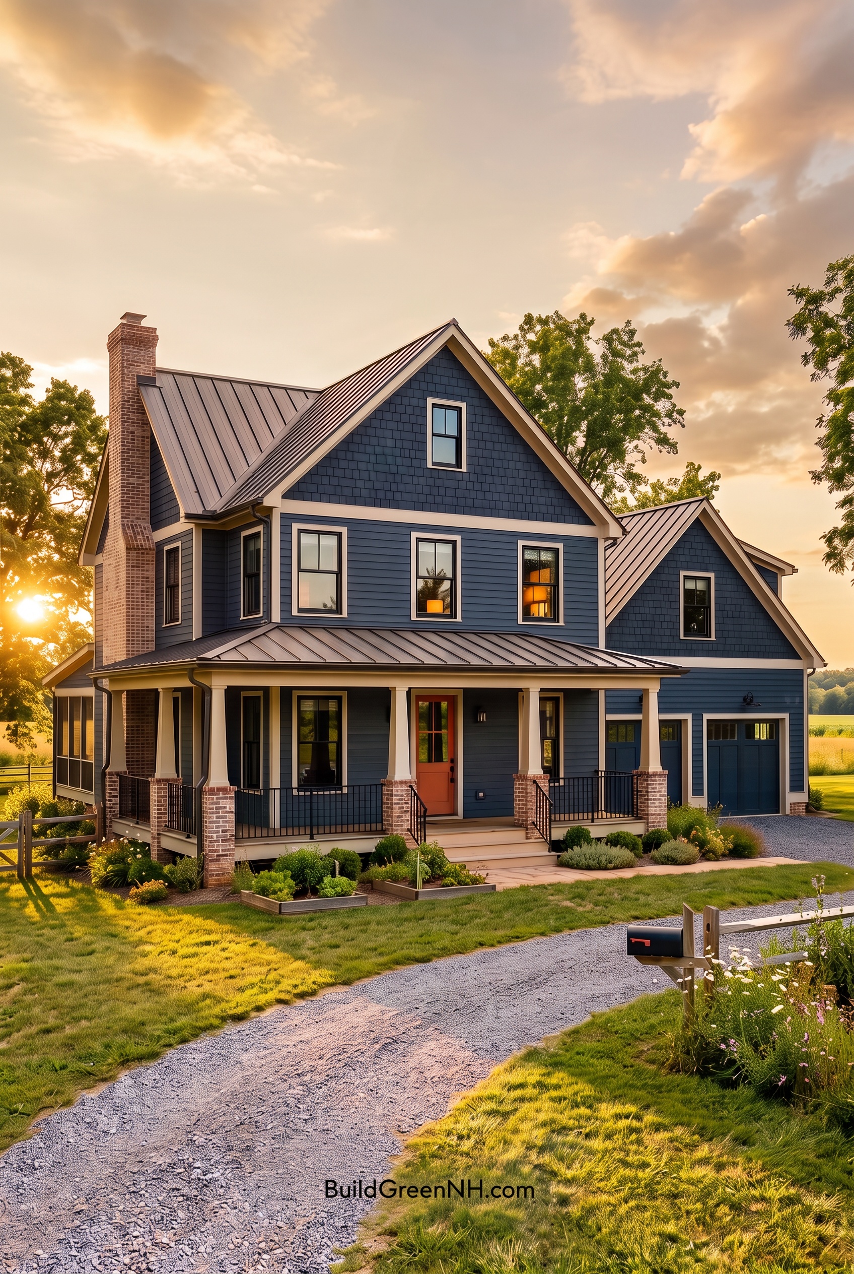 Dark Navy Blue House Exterior Color Scheme: Saffron Roofline - Golden Hour