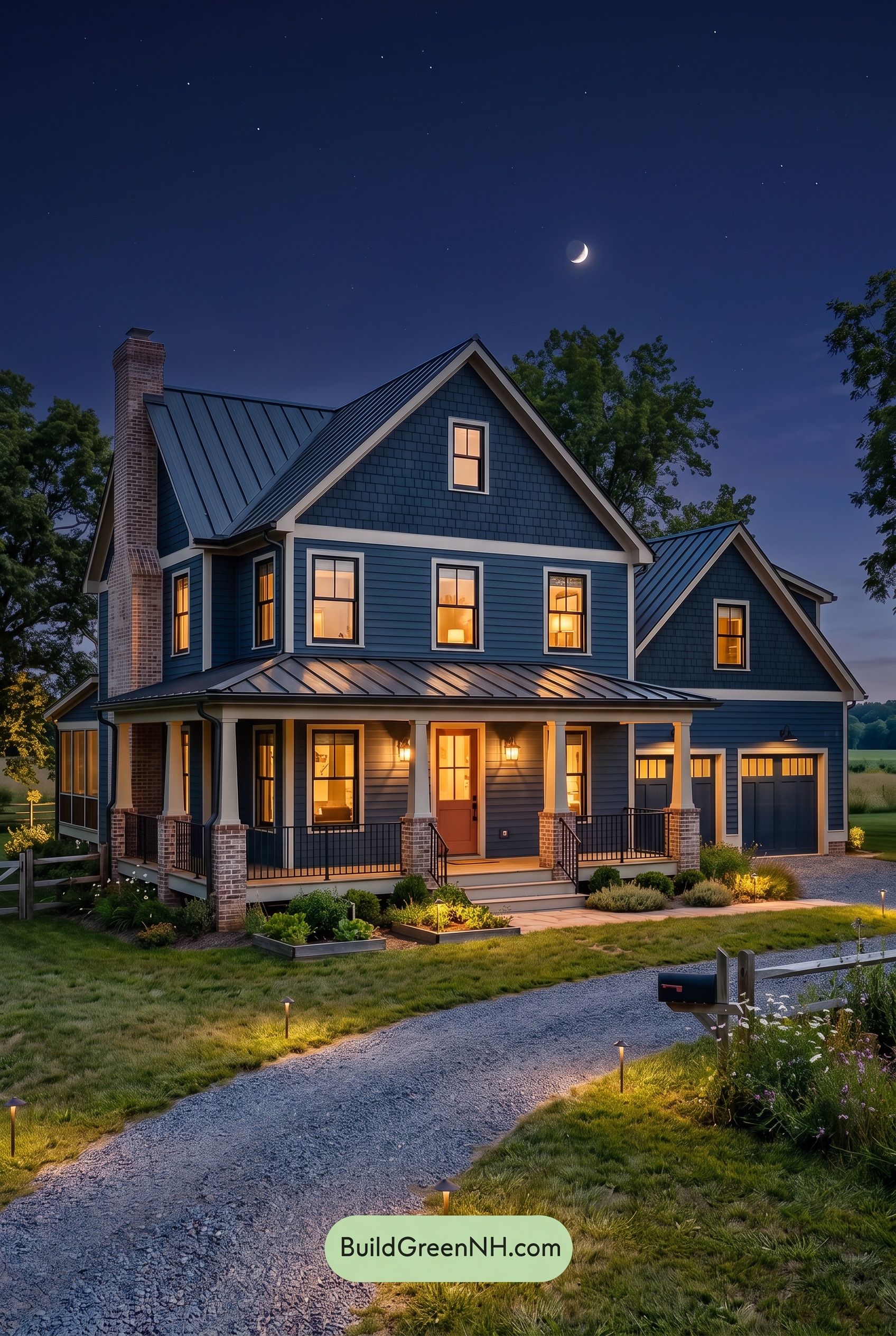 Dark Navy Blue House Exterior Color Scheme: Saffron Roofline - Nighttime
