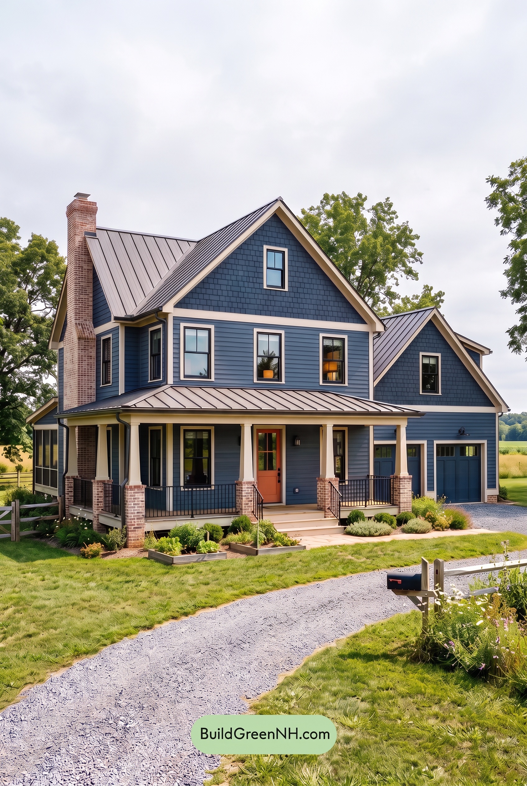 Dark Navy Blue House Exterior Color Scheme: Saffron Roofline - Overcast