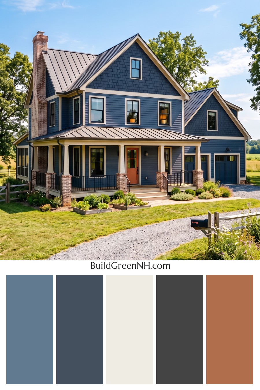 Dark Navy Blue House Exterior Color Scheme: Saffron Roofline