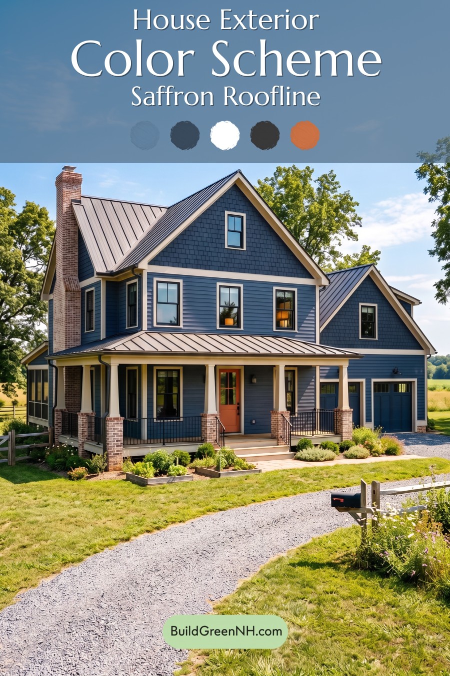 Dark Navy Blue House Exterior Color Scheme: Saffron Roofline