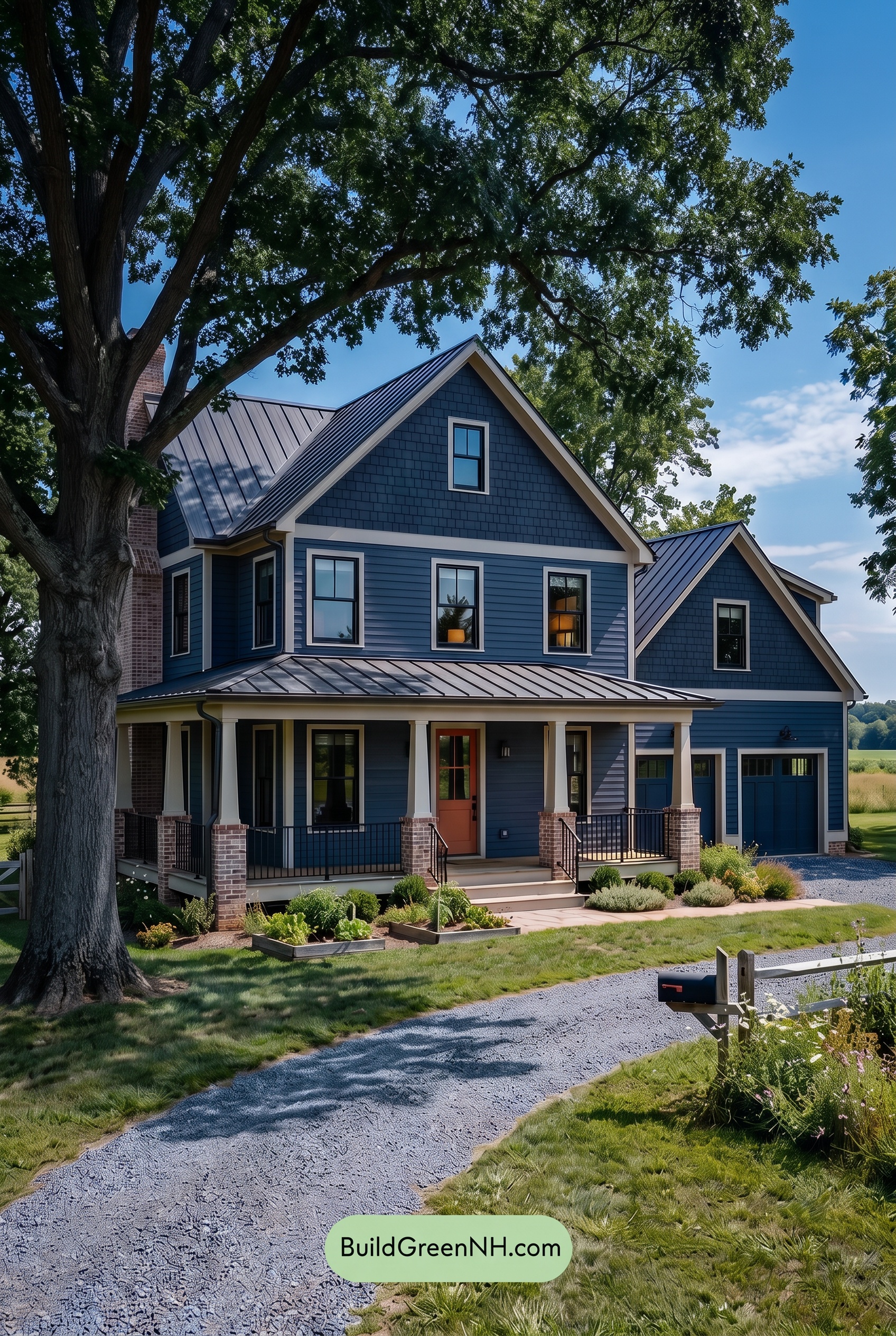 Dark Navy Blue House Exterior Color Scheme: Saffron Roofline - Shade