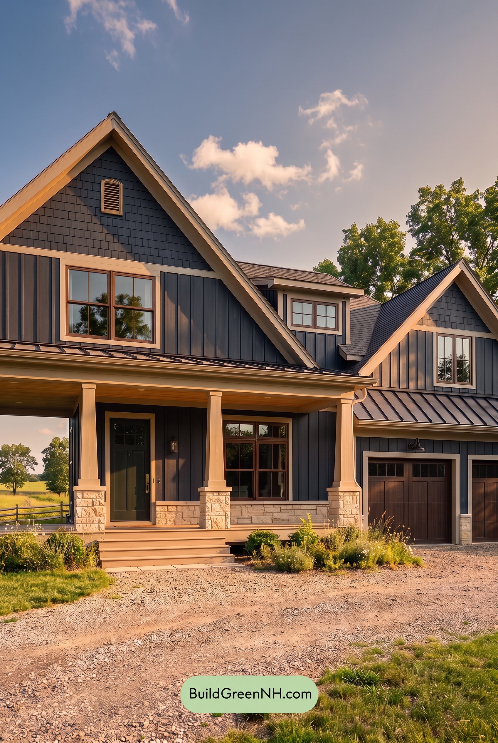 Dark Navy Blue House Exterior Color Scheme: Storm Navy Brassfield - Golden Hour
