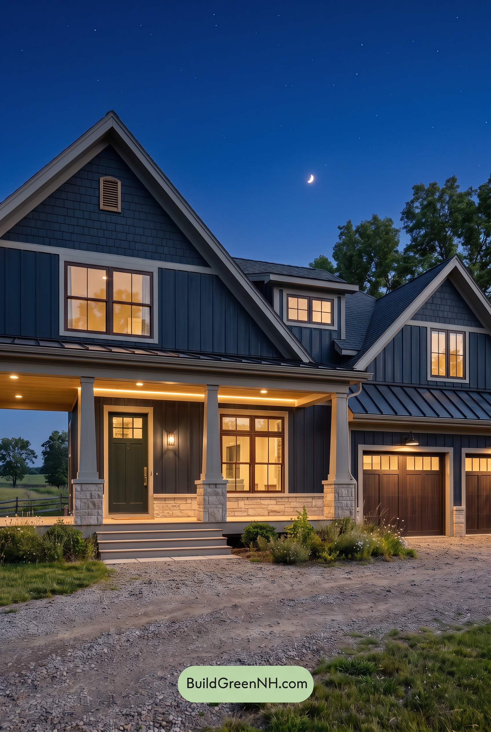 Dark Navy Blue House Exterior Color Scheme: Storm Navy Brassfield - Nighttime