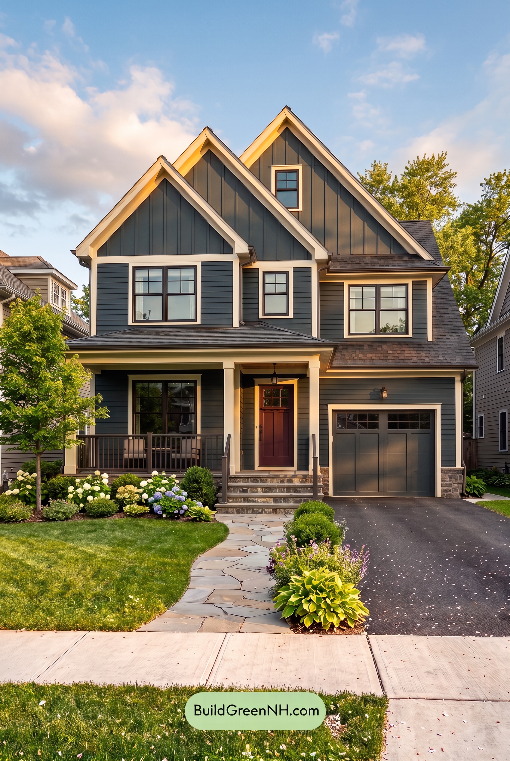 Dark Navy Blue House Exterior Color Scheme: Tideglass Gable - Golden Hour