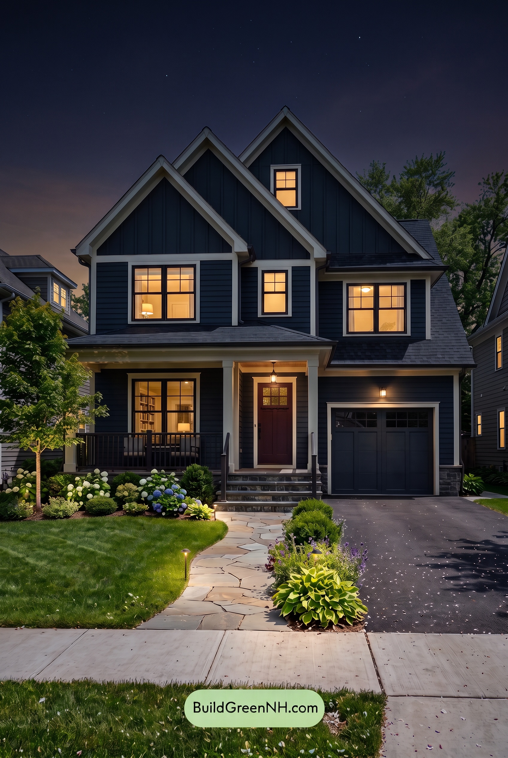Dark Navy Blue House Exterior Color Scheme: Tideglass Gable - Nighttime