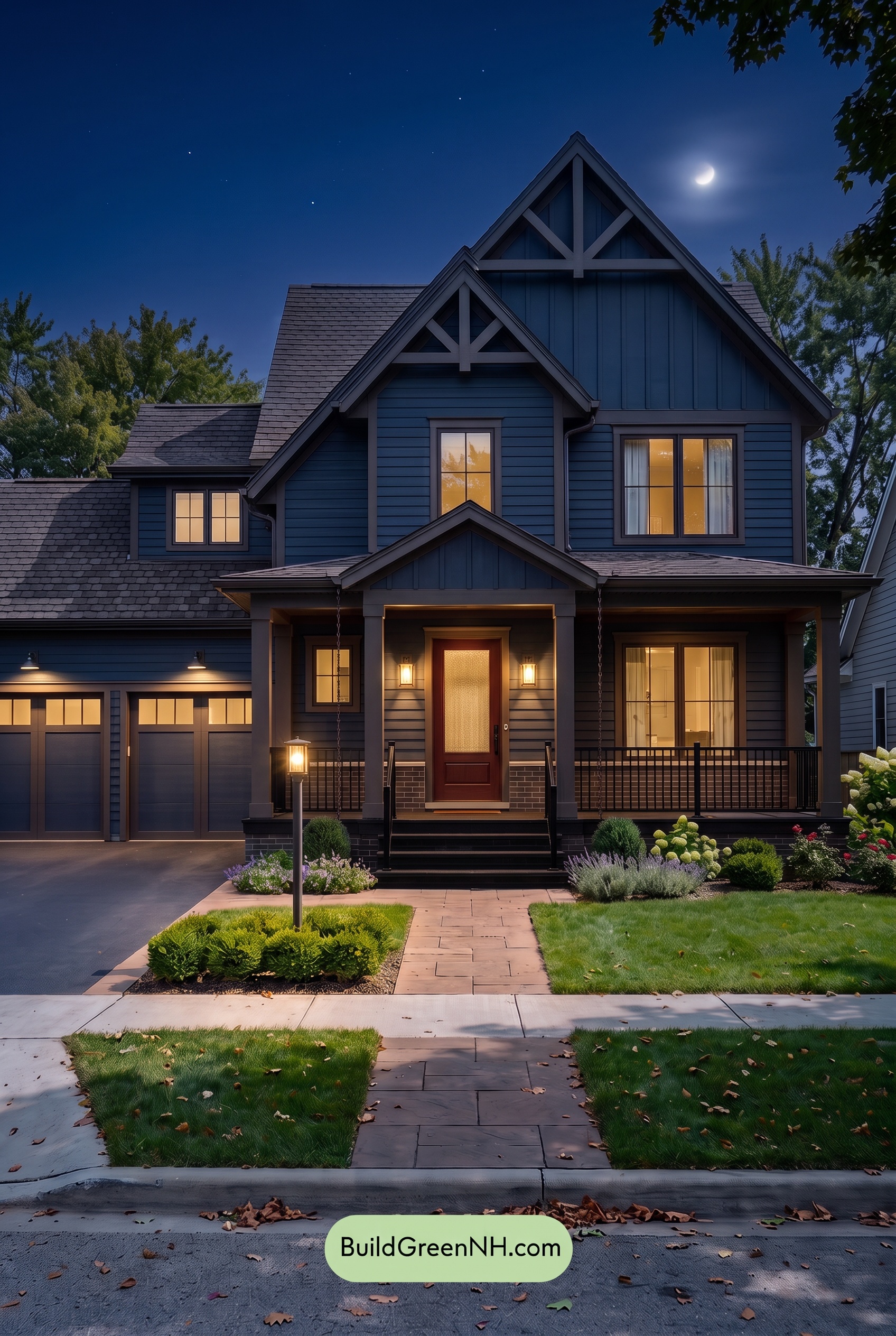 Dark Navy Blue House Exterior Color Scheme: Umber Blue Stillness - Nighttime