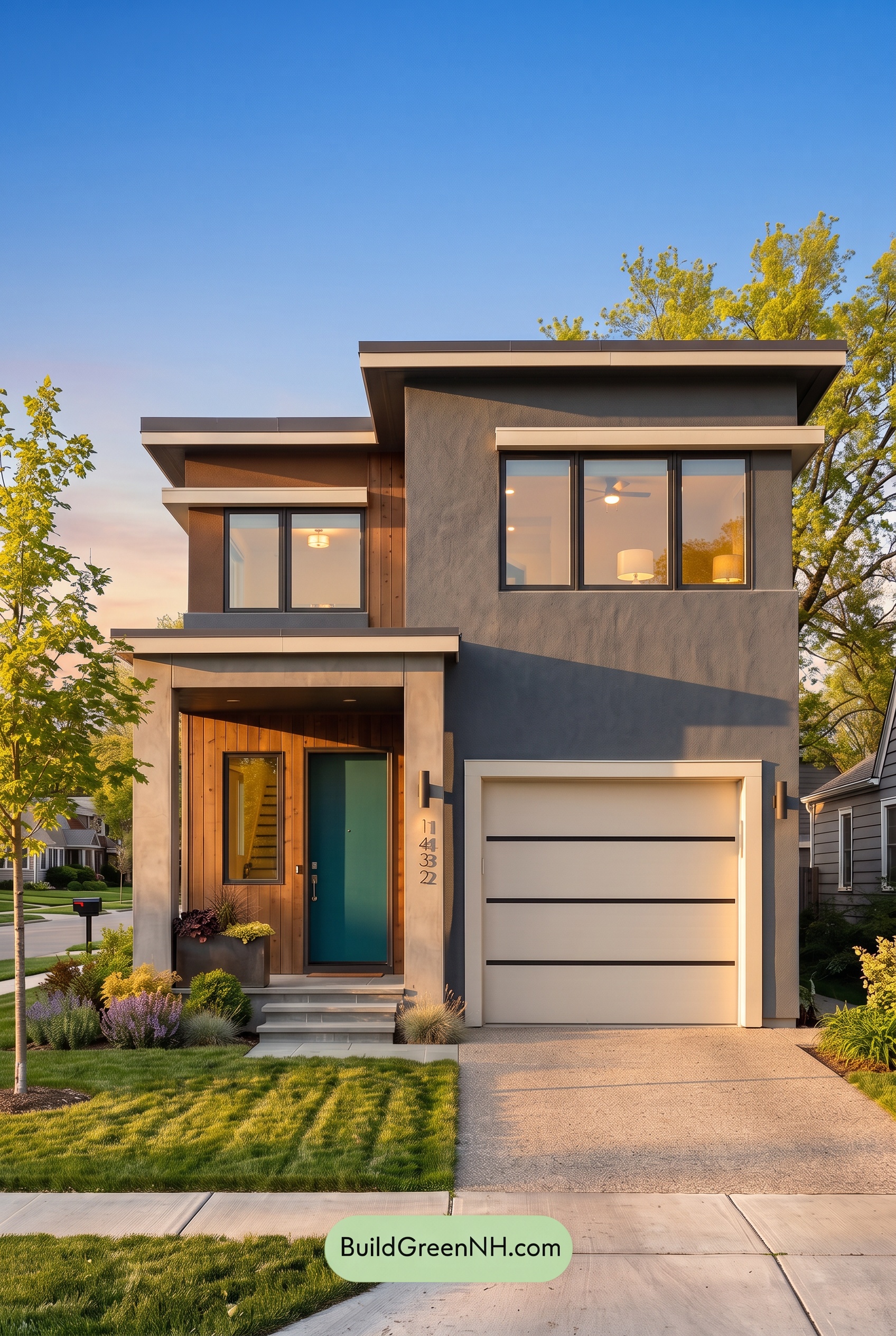 Dark Stucco House Exterior Color Scheme: Ash Blue Resolve - Golden Hour