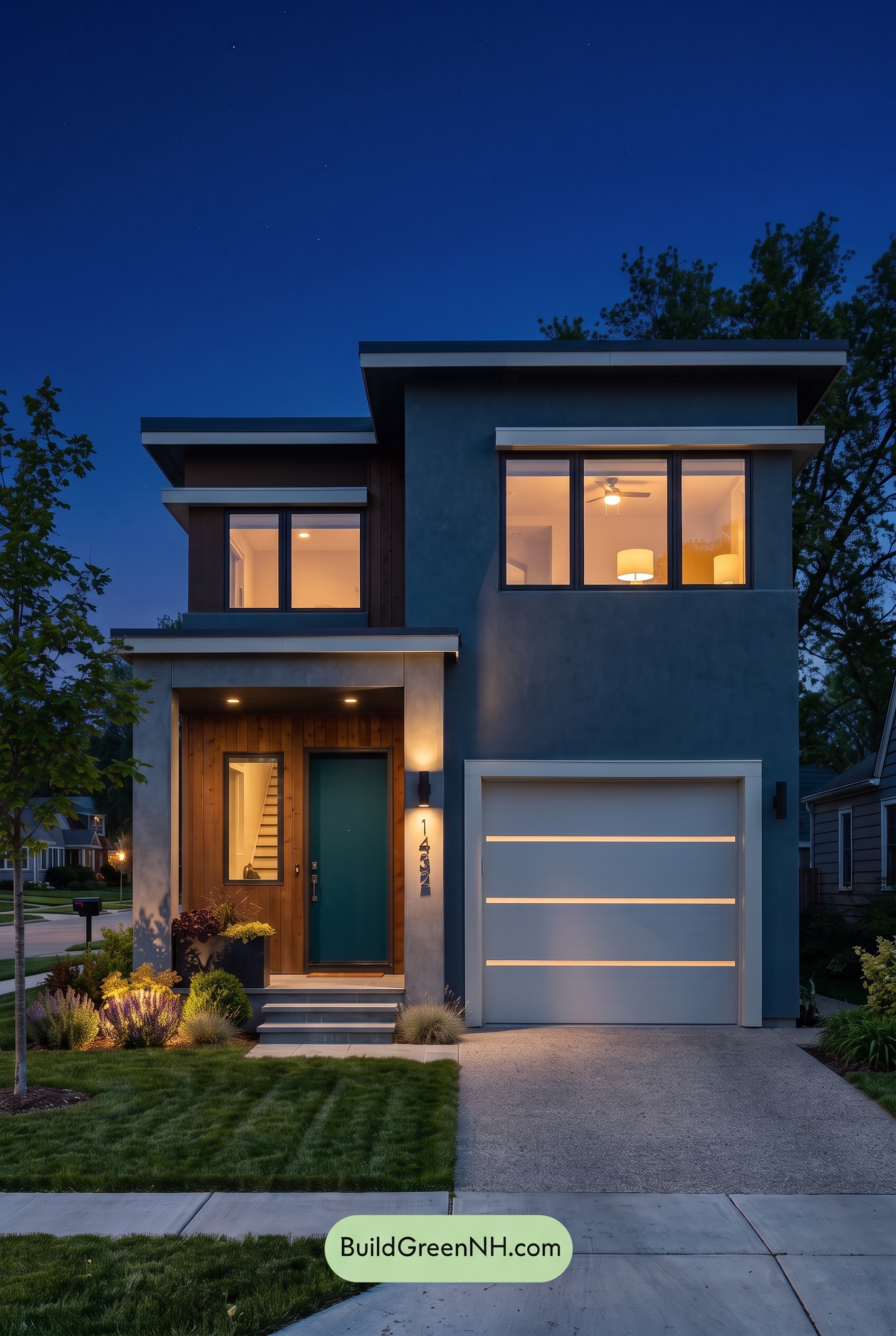 Dark Stucco House Exterior Color Scheme: Ash Blue Resolve - Nighttime