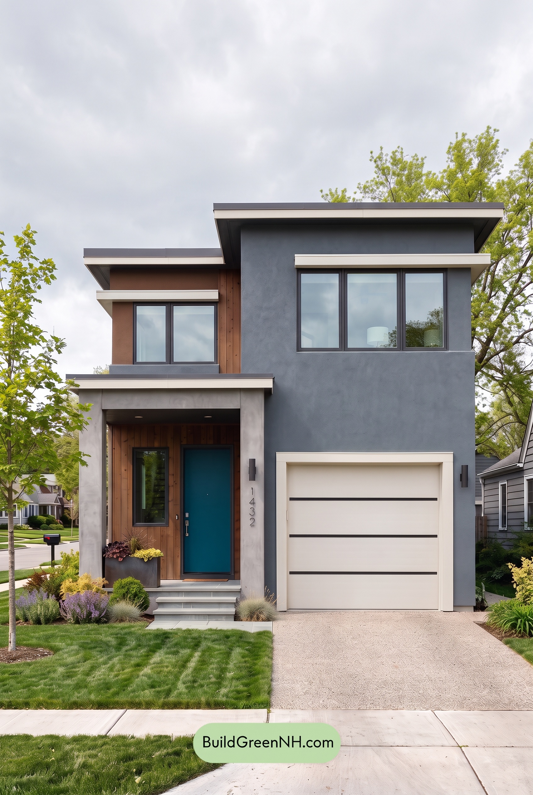 Dark Stucco House Exterior Color Scheme: Ash Blue Resolve - Overcast