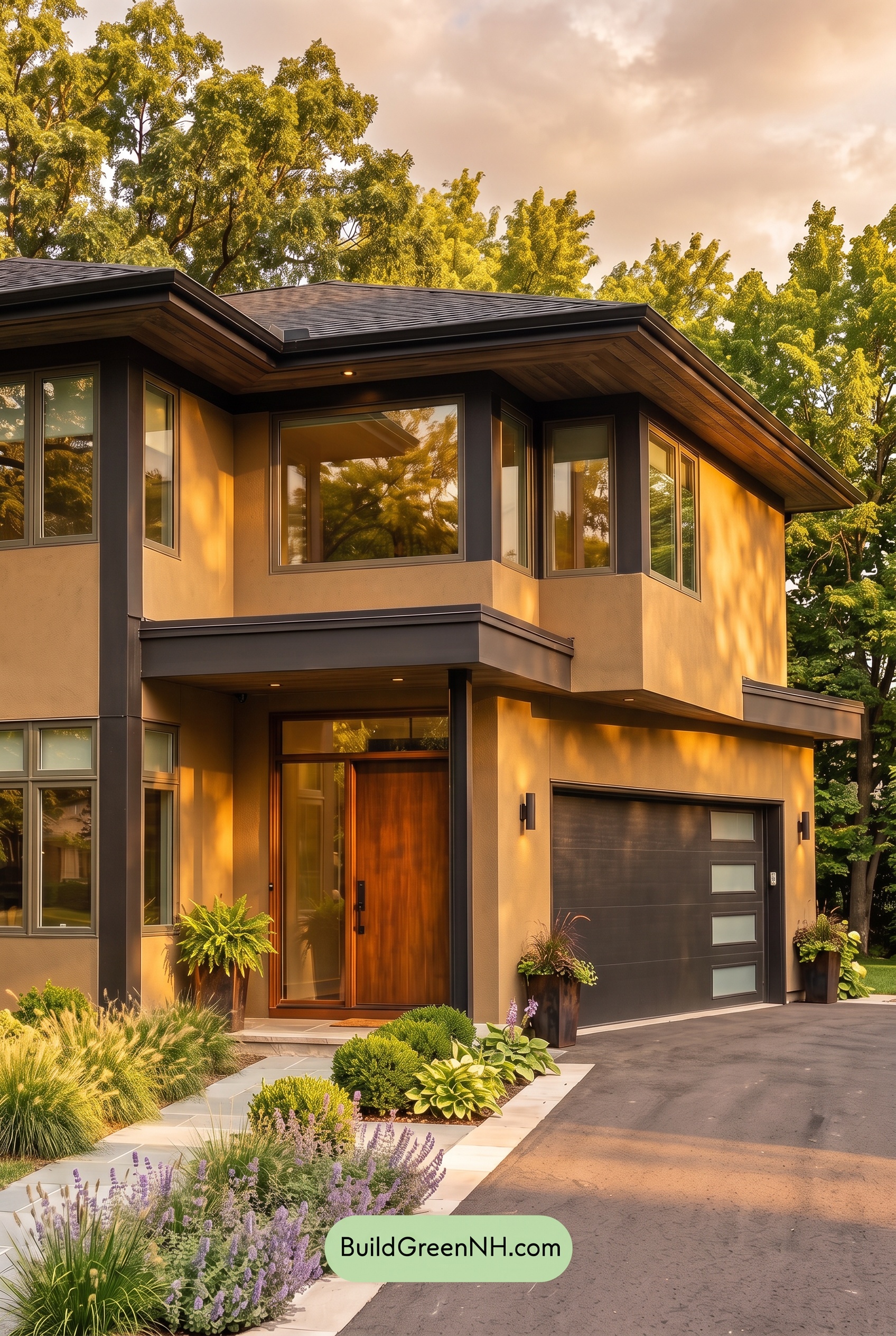 Dark Stucco House Exterior Color Scheme: Caramel Eclipse - Golden Hour