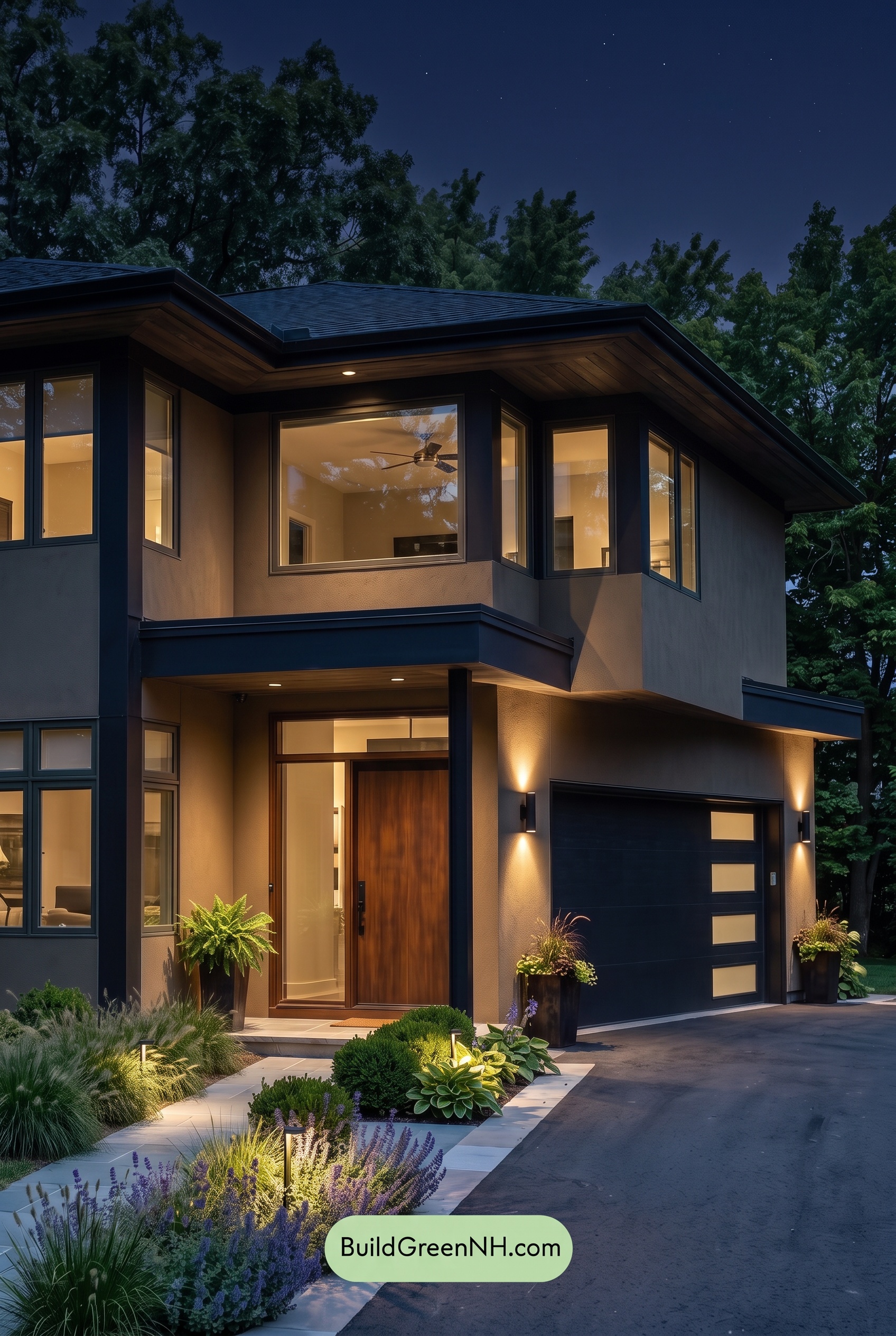 Dark Stucco House Exterior Color Scheme: Caramel Eclipse - Nighttime