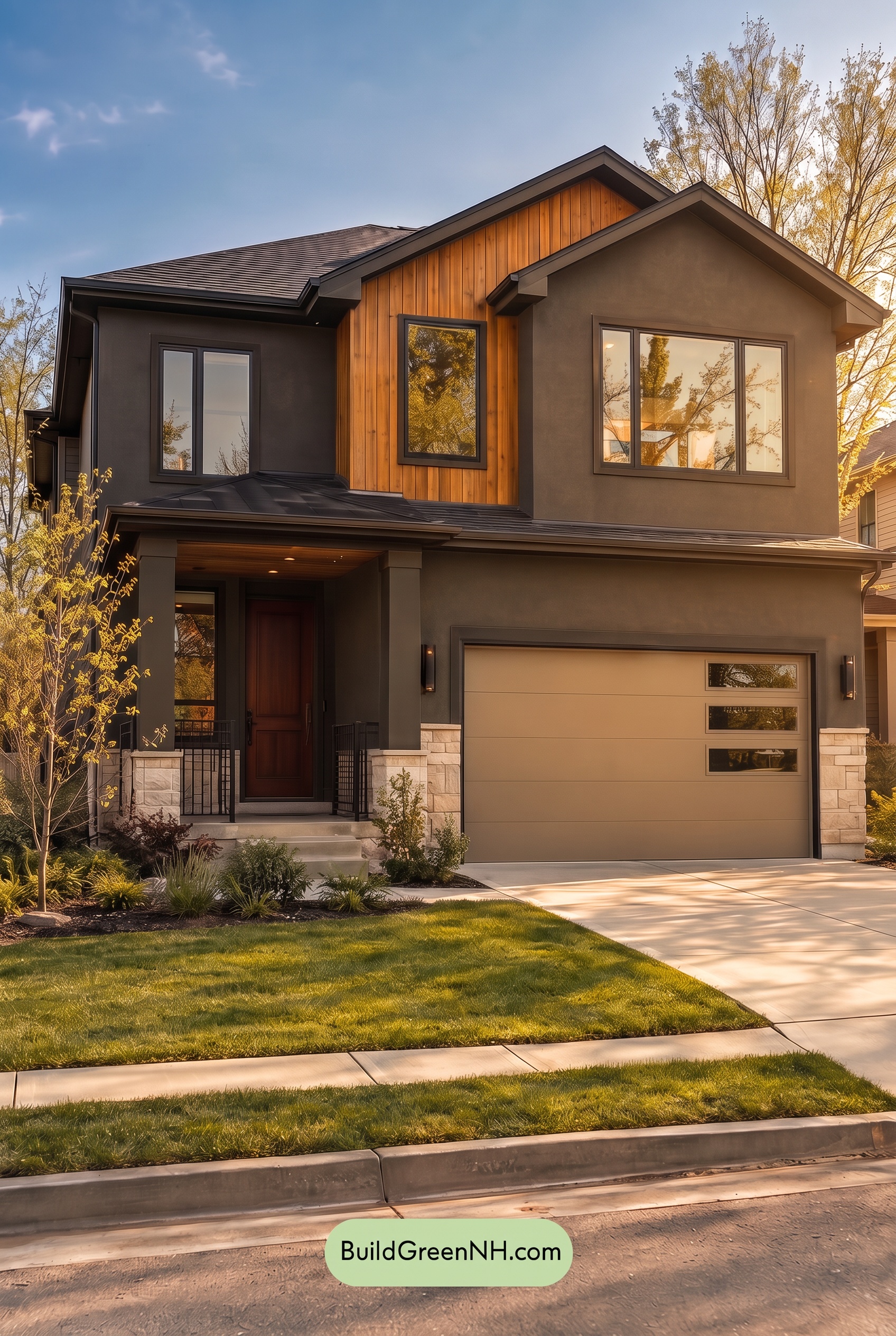 Dark Stucco House Exterior Color Scheme: Cedar Ember Calm - Golden Hour
