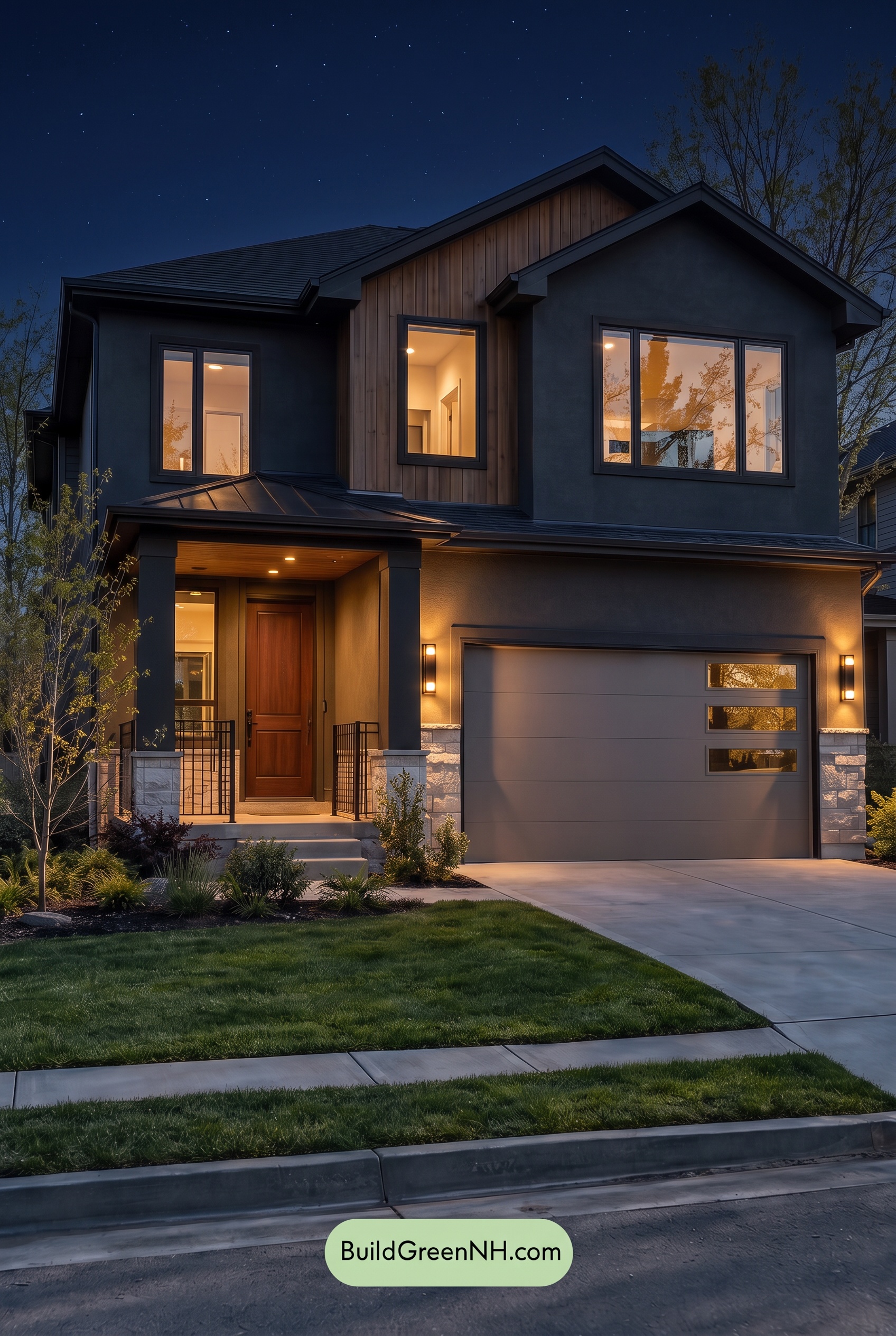 Dark Stucco House Exterior Color Scheme: Cedar Ember Calm - Nighttime