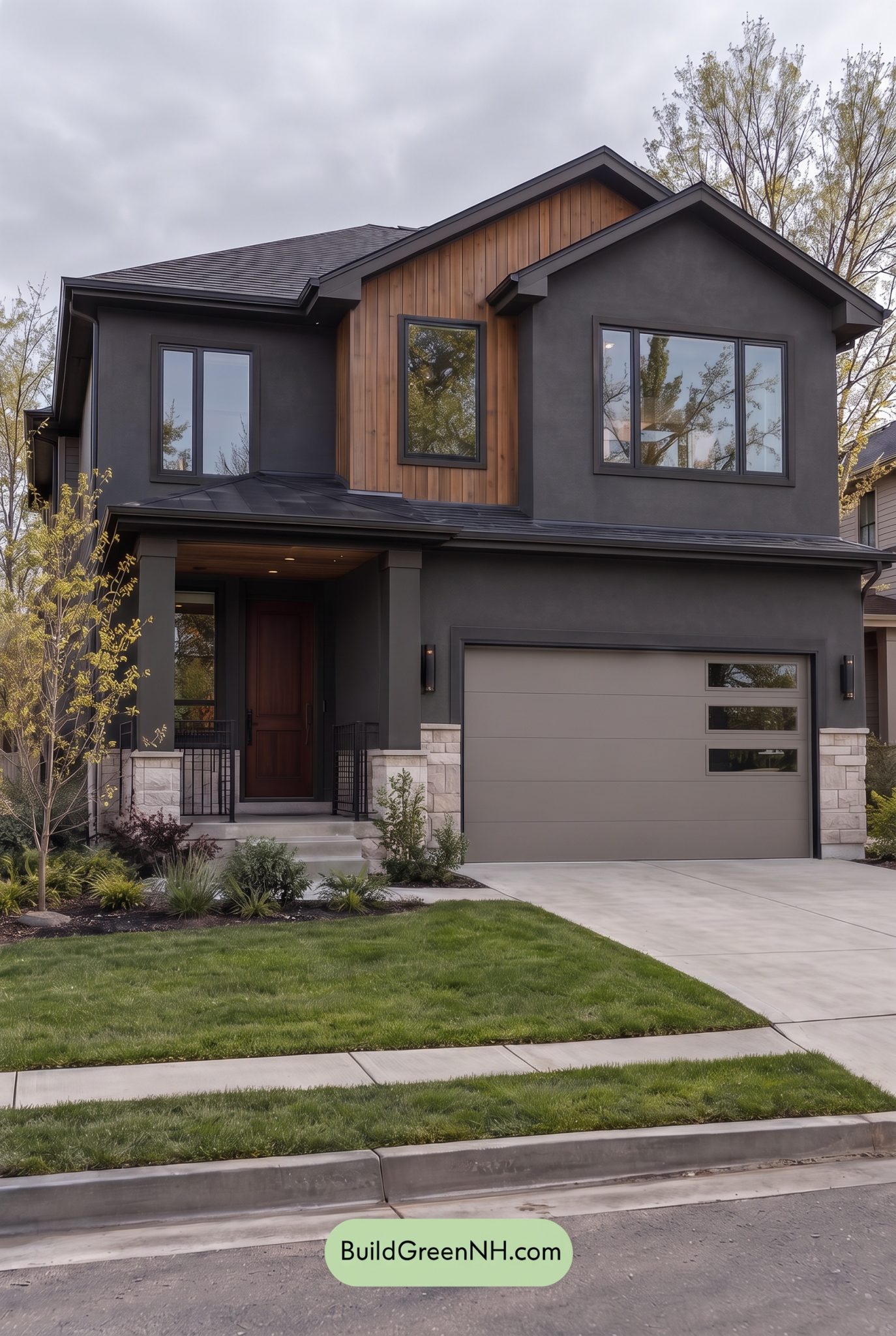 Muted Colors Example Dark Stucco House Exterior Color Scheme: Cedar Ember Calm