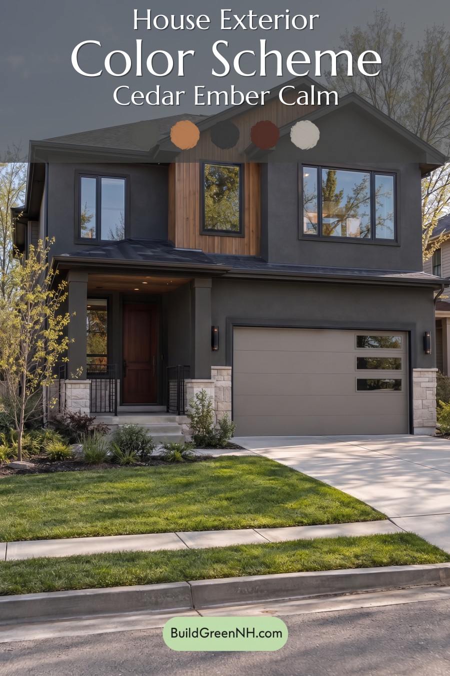 Dark Stucco House Exterior Color Scheme: Cedar Ember Calm