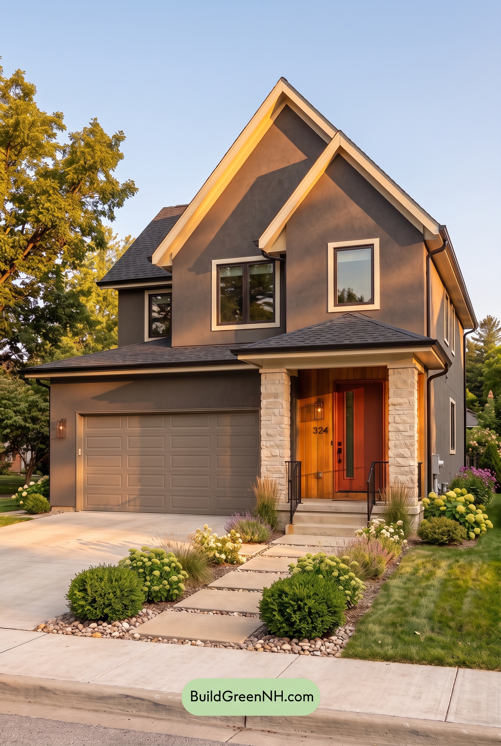 Dark Stucco House Exterior Color Scheme: Coal Apricot Haven - Golden Hour