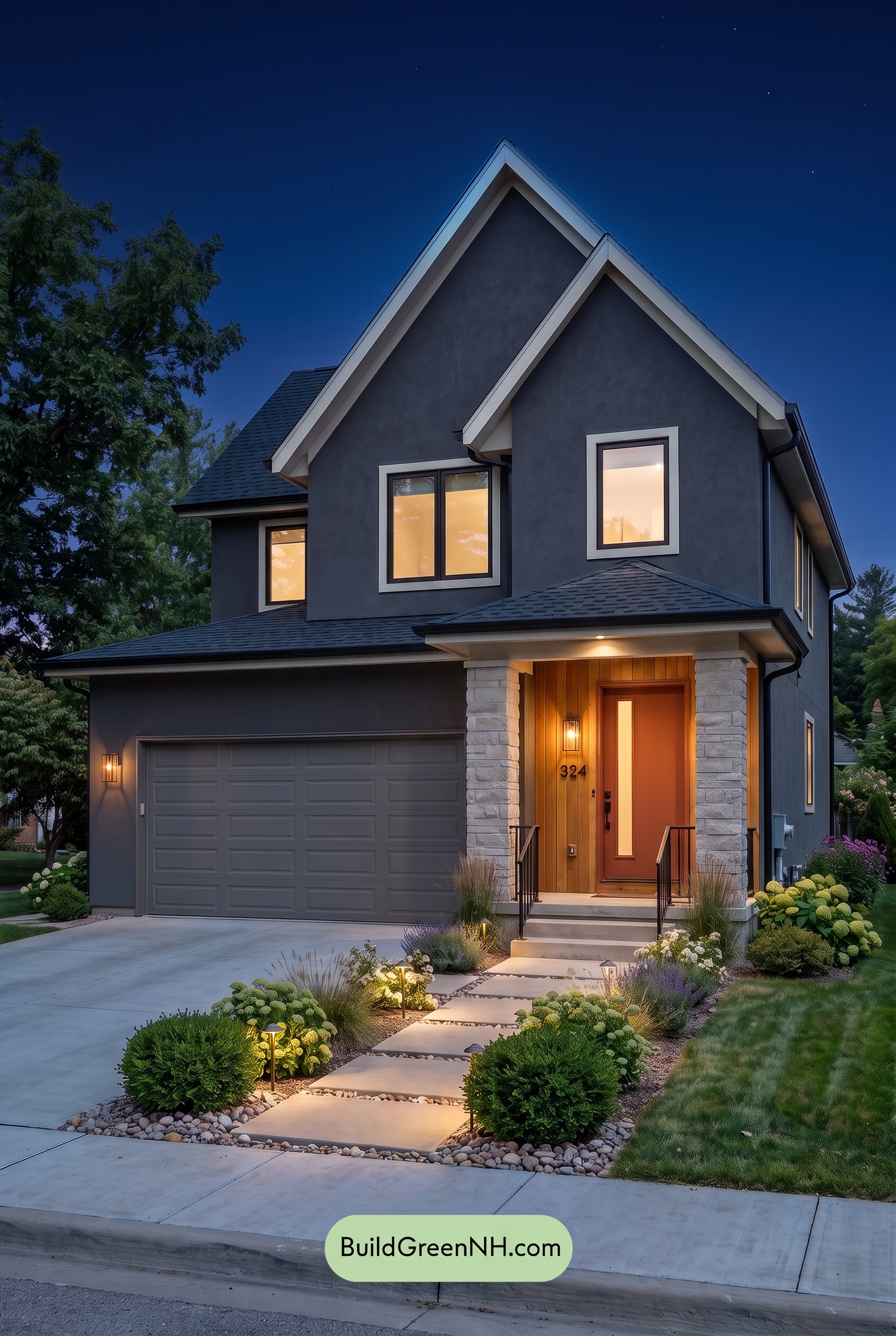 Dark Stucco House Exterior Color Scheme: Coal Apricot Haven - Nighttime