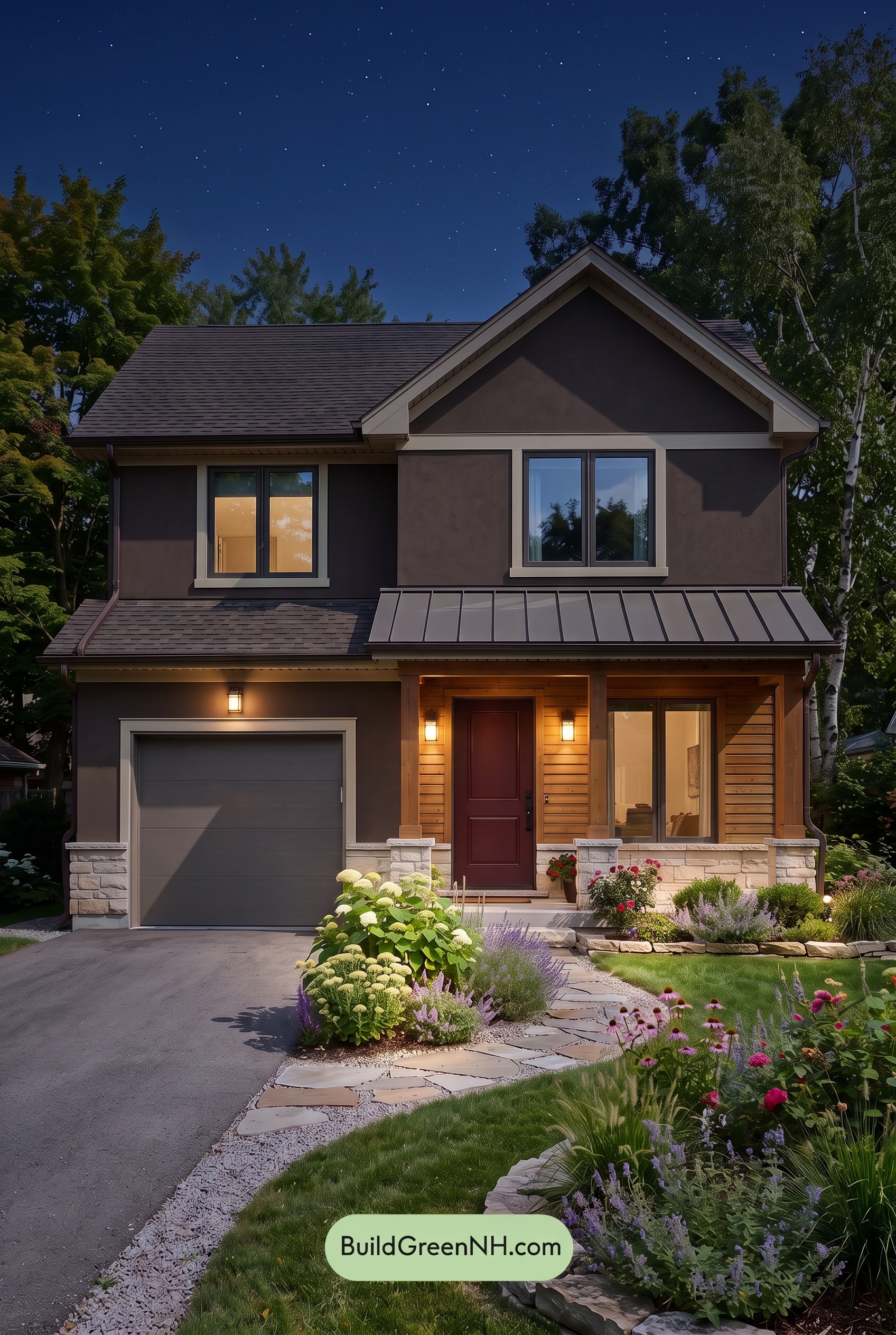 Dark Stucco House Exterior Color Scheme: Cocoa Aurelia - Nighttime